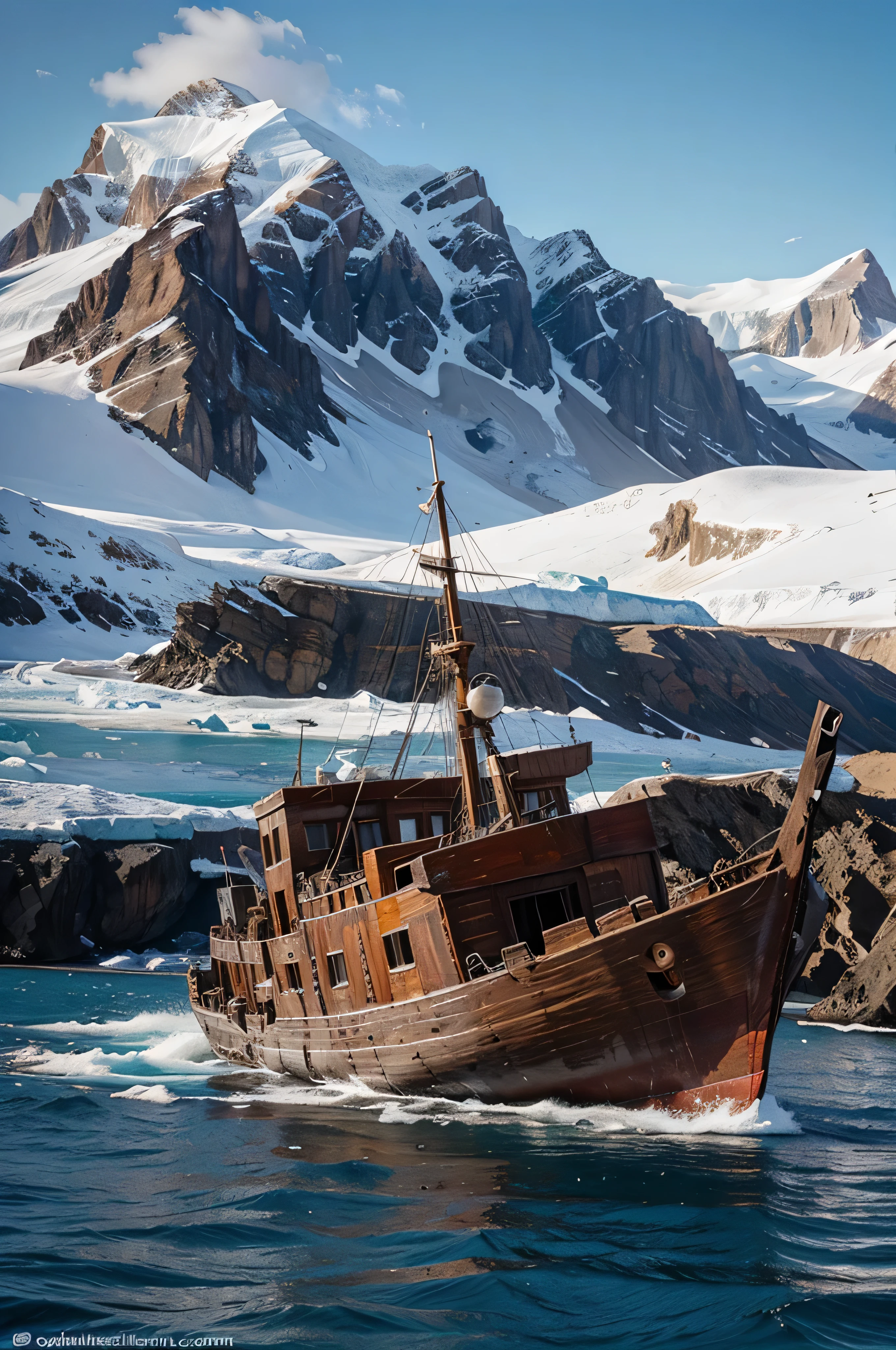image of a very old wooden wrecked ship near the shores and mountains of antartica painting