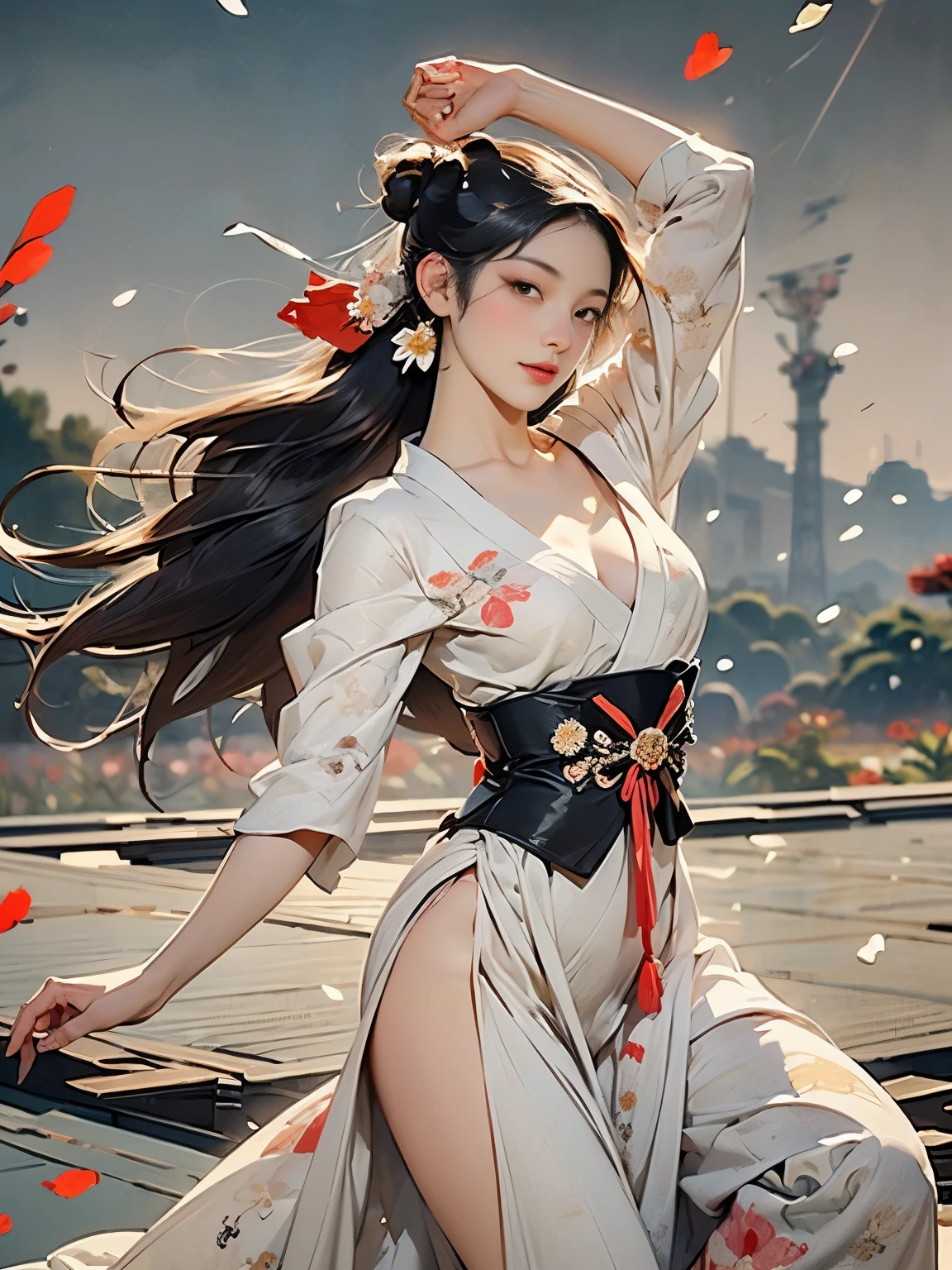 (8k, highest quality, masterpiece)，{Realistic, RAW Photos, Super Fine Clear, Portraiture, (Influenced by ukiyo-e Painting style:1.6)}, Realistic Light, Detailed skin, (Beautiful woman with slim figure, Age 25, dancer:1.5), Thin legs, fine grain, Long white hair, Detailed fingers, thin, Sexual, Expressions of Ecstasy, Dynamic and sexy pose, (big Bouncy Firm Bust:1.4), (sexy long Dress, underbust corset:1.2),(The dress has a wide opening at the chest;1.6), Exposing the breasts, (arcadia, Flower Storm, many flowers:1.8), Wide and beautiful view, (cabaretin paris in 18th century:1.5),