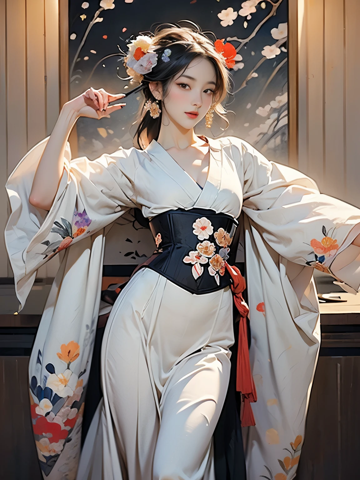 (8k, highest quality, masterpiece)，{Realistic, RAW Photos, Super Fine Clear, Portraiture, (Influenced by ukiyo-e Painting style:1.6)}, Realistic Light, Detailed skin, (Beautiful woman with slim figure, Age 25, dancer:1.5), Thin legs, fine grain, Long white hair, Detailed fingers, thin, Sexual, Expressions of Ecstasy, Dynamic and sexy pose, (big Bouncy Firm Bust:1.4), (sexy long Dress, underbust corset:1.2),(The dress has a wide opening at the chest;1.6), Exposing the breasts, (arcadia, Flower Storm, many flowers:1.8), Wide and beautiful view, (cabaretin paris in 18th century:1.5),