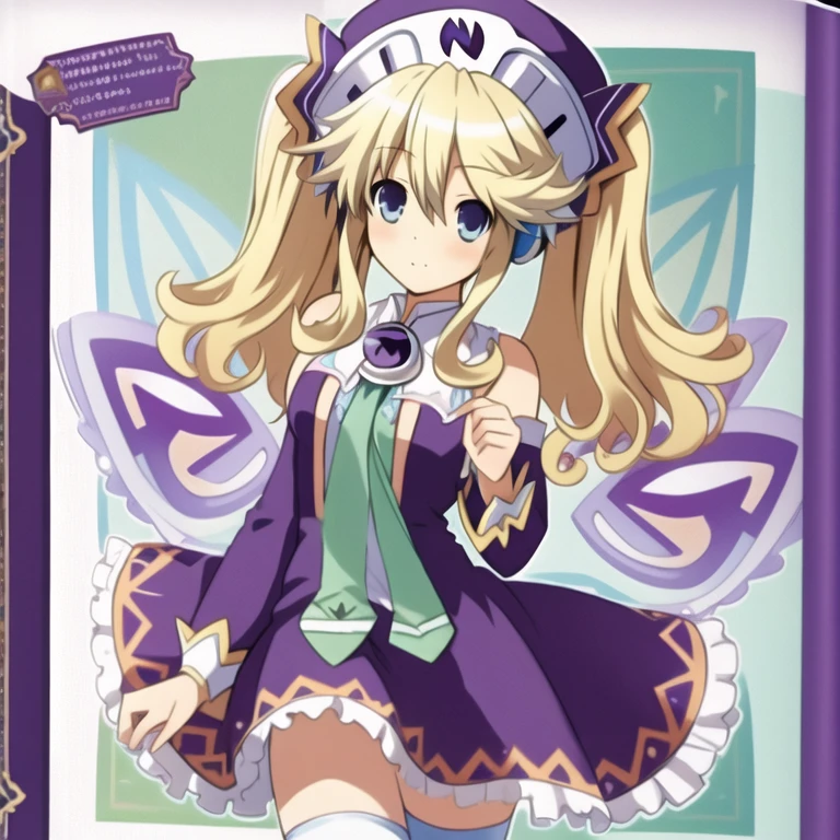 (extremely detailed:1.1),(highly detailed:1.1),(best quality:1.1),(masterpiece:1.1),  HistoireNeptunia, long hair, blue eyes, blonde hair, hair ornament, wings, fairy wings, bare shoulders, twintails,  book, white thighhighs, hat, necktie, purple dress, book, large breasts, bare sideboob