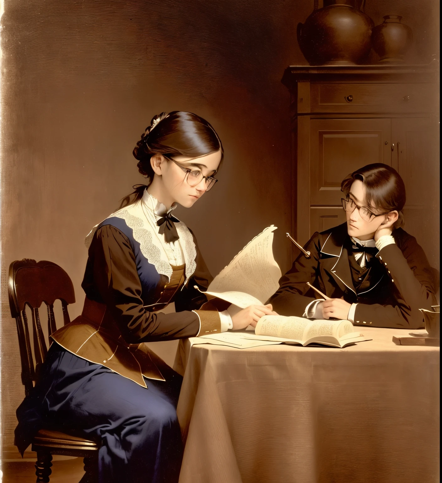 19th centrury color scene, a 13-year-old boy, sitting at table across a teacher who is a 50-year-old woman with glasses, dressed in a long plain dress with a high neckline and long sleeves, common in the 19th-century conservative fashion, wearing a shawl, hair pulled back or up in a bun, standing sternly in a 19th-century house.