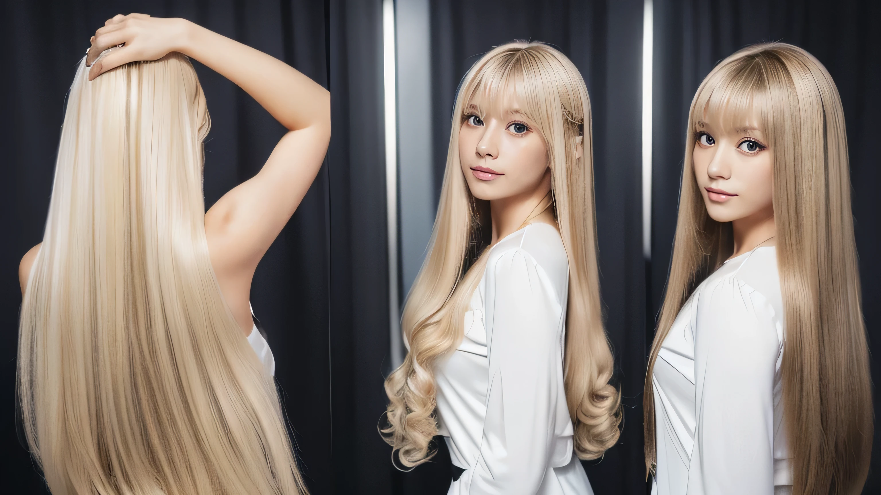 (Full body shot of three identical twins :1.3) (Photograph three people in the same pose from the front:2.0) (The three of them look like clones.., Wear the same clothes、Take the same pose Physically identical) (Pure white wall background:1.8. Upper body photo from the knees up) ((Random poses showing as much back and hair as possible:1.5)) (((Hair color is random))) ((Beautiful model with long platinum blonde hair, girl with super length Hair, extremely length Hair, extra length Hair, very long, Flowing Hair, very length Hair, length Hair girl, very long, Flowing platinum blonde hair, length Hair windy, very longプラチナブロンドヘア, length, Flowing Hair, length and or curly hair, with length Hair, length Hair!!!! Her highest quality hair is long and 真っ直ぐ or curly hair very long, highest quality platinum blonde, length hair in the center, Highest quality long Straight or curly hair, length, Straight or curly hair, beautiful, High quality platinum blonde hair, length and platinum blonde hair highest quality Straight or curly hair, length Hair, length and Straight or curly hair, highest quality platinum blondeヘア, Perfect silky Straight or curly hair of the highest quality, Straight or curly hair, highest quality platinum blondeヘア, length platinum blonde hair Straight or curly hair, length, Bright platinum blonde hair Her hair is long and Straight or curly hair, very longプラチナブロンドヘア, length hair in the center, length Straight or curly hair, length, Straight or curly hair, beautiful hair of the highest quality, length Hair, length, Straight or curly hairプラチナブロンドヘア , length and free Straight or curly hair Platinum blonde hair, Straight or curly hair Platinum blonde hair)) (Her bangs are perfect.:1.3) (France's most beautiful 24-year-old hair model) ((highest quality)), ((masterpiece)), (Familiar) (Get used to it) Perfect Face (Her skin is a typical French complexion....、And very detailed) (Big Breasts) (She is wearing a light blue skirt and a white blouse........) (She has a beautiful French face and a typical French figure...., Narrow eyes) (She has perfect beautiful makeup and face Lipstick is light red A solid eyeliner) ((Rich 1.4)) (Extremely detailed 8K) (Ultra-fine skin texture 1.4) (Actual, Vibrant:1.4), double eyelid Sharp focus:1.2、Beautiful woman:1.4 Dynamic Lighting (Genuine RAW photos taken by professional photographers) (Her long bangs、Well Organized) Professionally lit from the front (She has a bright and cheerful face)