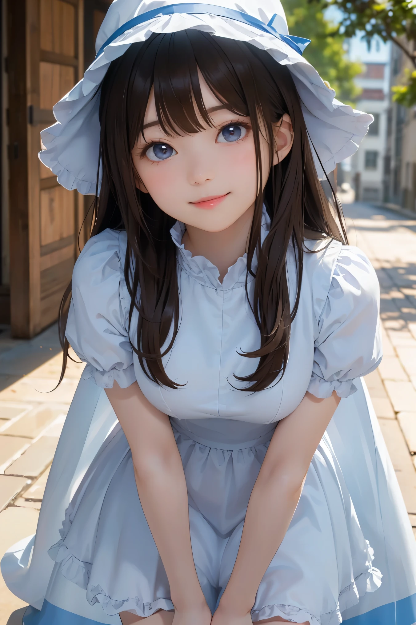 masterpiece,8K, (highest quality), (Best Shadow), Dynamic Lighting, ((Outdoor)),(Maximum resolution: 1.2), (smile),Backlight,Highly detailed face and skin texture, Delicate eyes, Dark blue eyes, double eyelid, Natural Cheeks, White skin: 1.2, (Glossy Lips: 1.4),(pretty girl:1.3), (Wavy long hair), (Light brown hair:1.2),(orgasm),((((Brown Wizard Dress)))),((lolita fashion)),huga breasts,((healer hat)),white panty,cameltoe,(thigh)