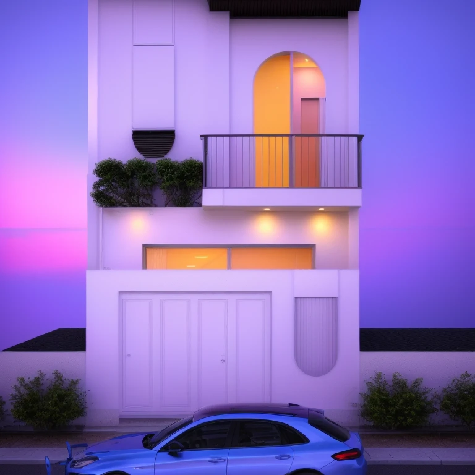 see arafee d&#39;a white car parked in front of a building, Point de vue de face, vue de face, complete house, rendu 2D, vue de face, maison conceptuelle, concept architectural, rendu tout blanc, detailed le rendu, plan large établi, vue en élévation de face, conception architecturale globale, vue de face dramatique, rendu 3D, le rendu, villa interdimensionnelle, 3 d le rendu