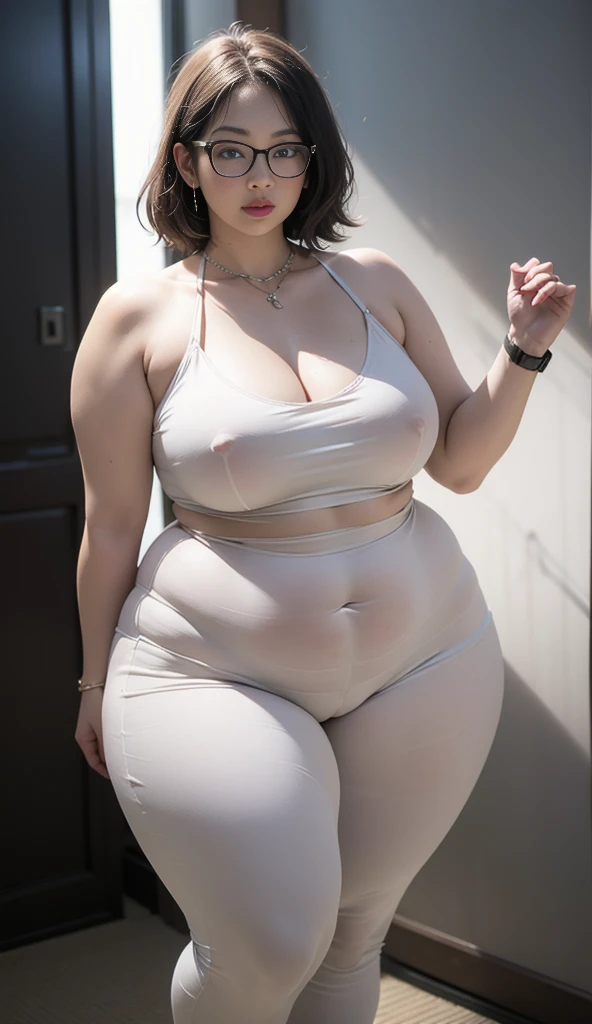 ((best quality)), ((masterpiece)), (detailed), perfect face, chubby woman, chubby face , chubby girl , widest hips , fat belly , thick neck ,, thicc , thick body , thick thighs , thick arm, small breasts but her body is a chubby, full body view, dark-black room, black bokeh background, thight dress, wearing sneakers, short hairstyle, diamond necklace, wearing a watch, tall woman, restore face, white skin , longest thight pants , glasses , cold vibes, , 4k resolution, japanese goddess