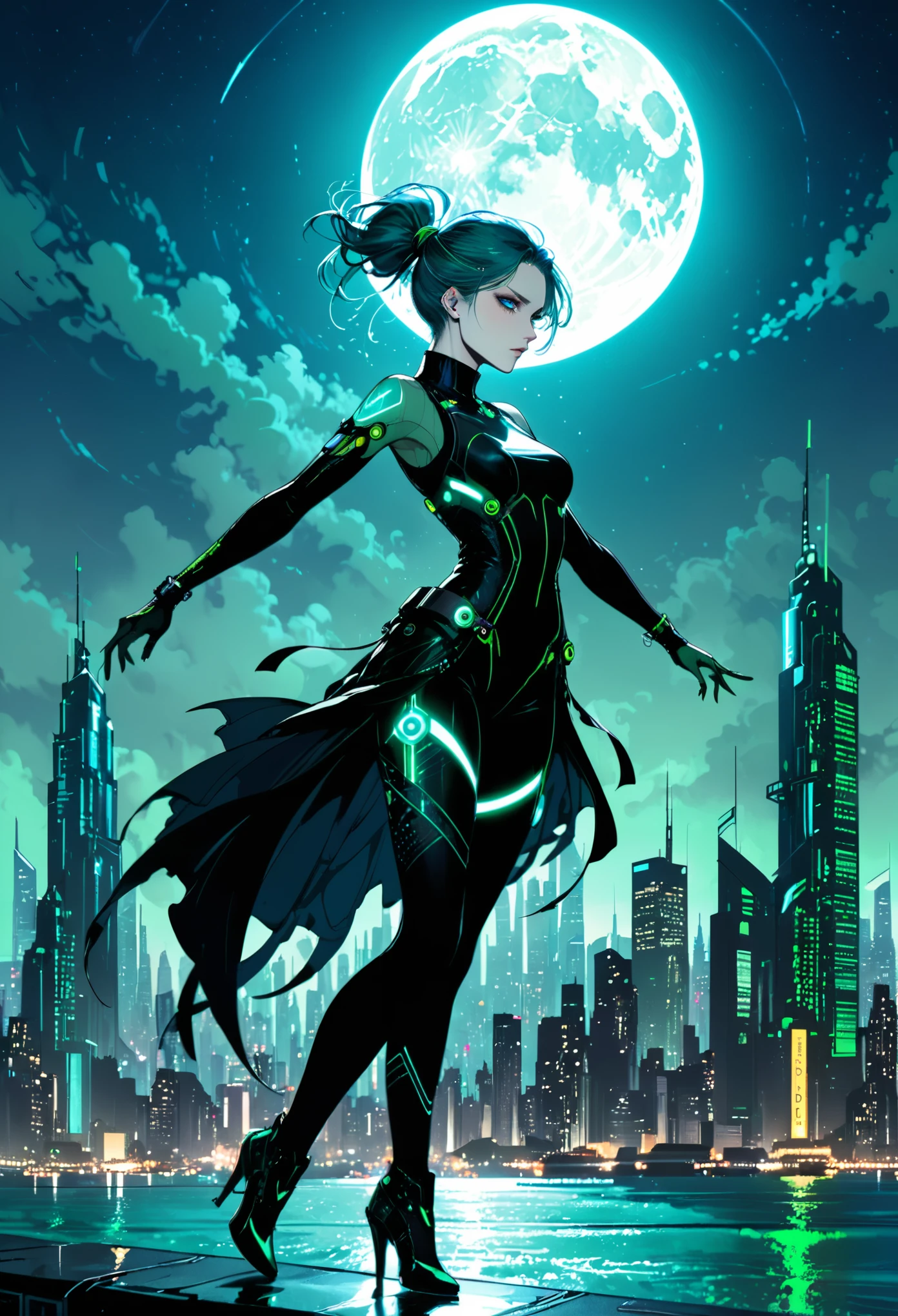 (in style of Harry Clarke:0.8),Character concept design,Cyberpunk style female character，Details: glowing dodgerblue eyes，Textured Skin，lawngreen Gorgeous Clothing,Distant city skyline background，ocean,night，moon，dance pose，Dynamic Action，