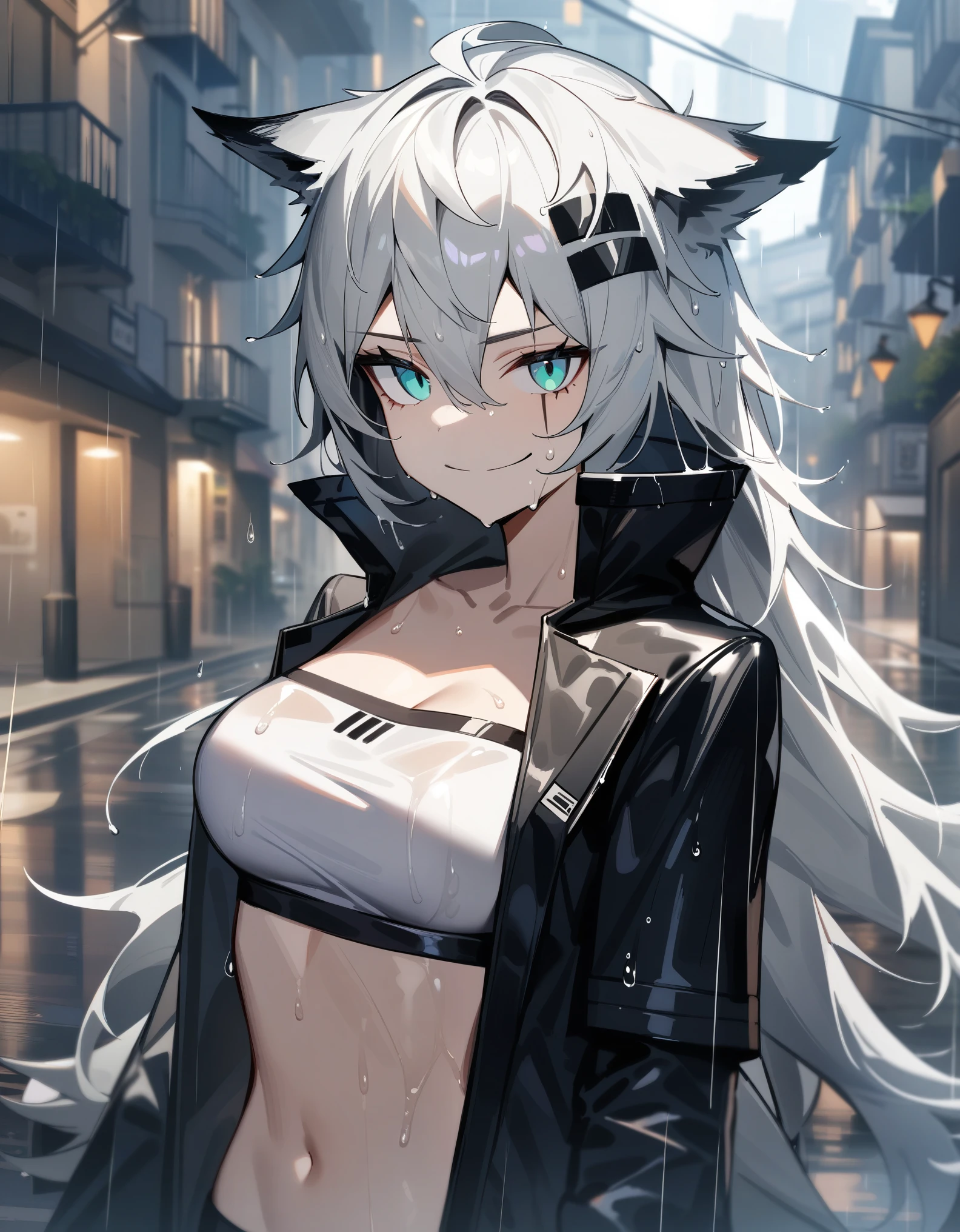 masterpiece, best quality, very aesthetic, absurdres, 1girl, lappland\(arknights), arknights, looking at viewer, wolf ears, aqua eyes, scar across eye, open jacket, tube top, strapless, gloves, breasts, closed mouth, smirk, wet, Italian city, rain