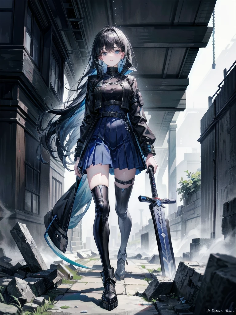 whole body, long blue great sword, Ruins, tech boots, black jacket, samurai, school_uniform, absurdres, extremely delicate and beautiful, masterpiece, Best Quality, ultra high resolution, 32k, ultra-detailed description, tearful mole, earring, short medium wavy hair,