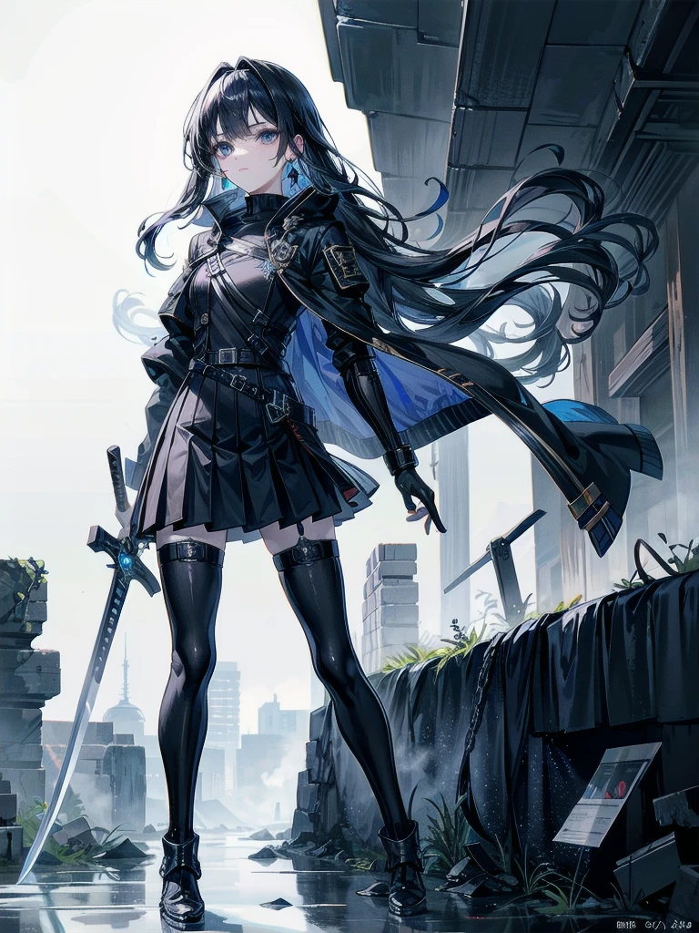 whole body, long blue great sword, Ruins, tech boots, black jacket, samurai, school_uniform, absurdres, extremely delicate and beautiful, masterpiece, Best Quality, ultra high resolution, 32k, ultra-detailed description, tearful mole, earring, short medium wavy hair,