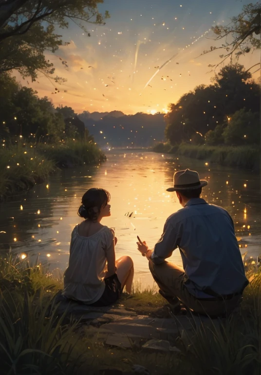 Close-up of the upper body.A man and a woman sitting by the river. The two watch the lights of fireflies dancing on the riverbank.