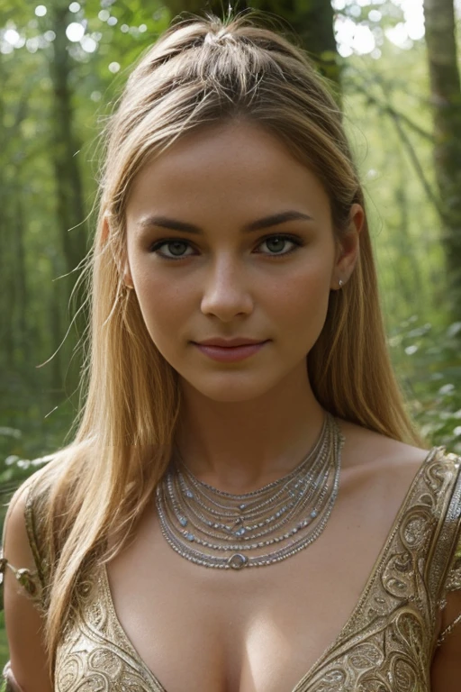 , 25 ans, delicate, poudre de contour, sexy, in Amazon warrior outfit, intricate details, French touch, cheveux de longueur moyenne, cheveux blonds, yeux bleus, sourire romantique, seductive look, bonne couverture, de nuit, éclairée par les flashes des photographes, skin details, pores de la peau, sexy, Samsung S22 Ultra digital camera, dans une foret humide