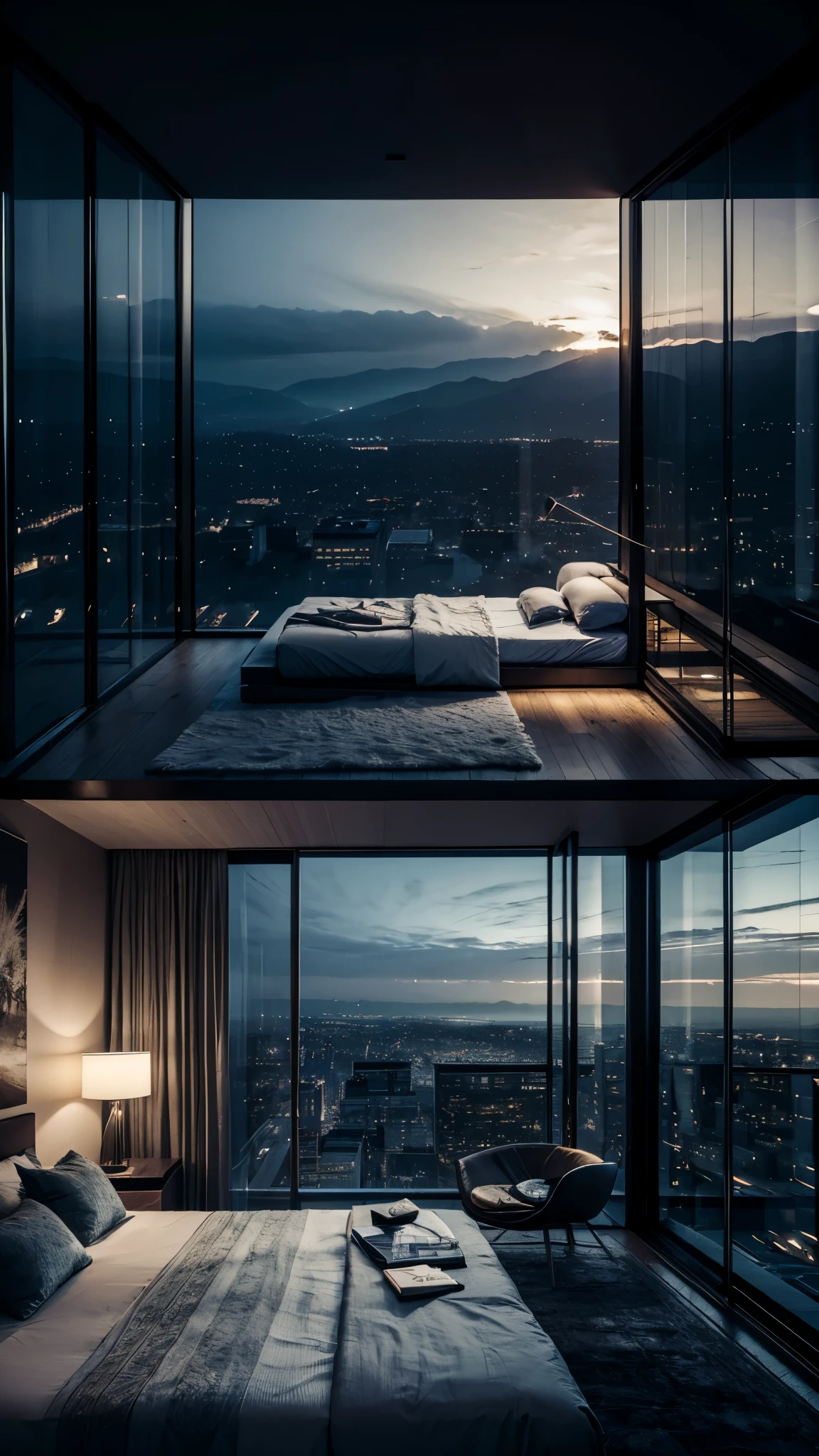 arafed bedroom with a view of a city and a large bed, large windows to forest at night, dark bedroom, atmospheric render, night time render, dramatic ambient lighting, giant glass dome in space, dim bedroom, breathtaking render, ambient lighting from top, humans sleeping in healing pods, enscape render, dramatic rendering, dramatic dreamlike lighting
2
arafed bedroom with a view of a city and a large bed, a digital rendering by Aleksander Gierymski, shutterstock, conceptual art, large windows to forest at night, dark bedroom, atmospheric render, night time render, dramatic ambient lighting, giant glass dome in space, dim bedroom, breathtaking render, ambient lighting from top