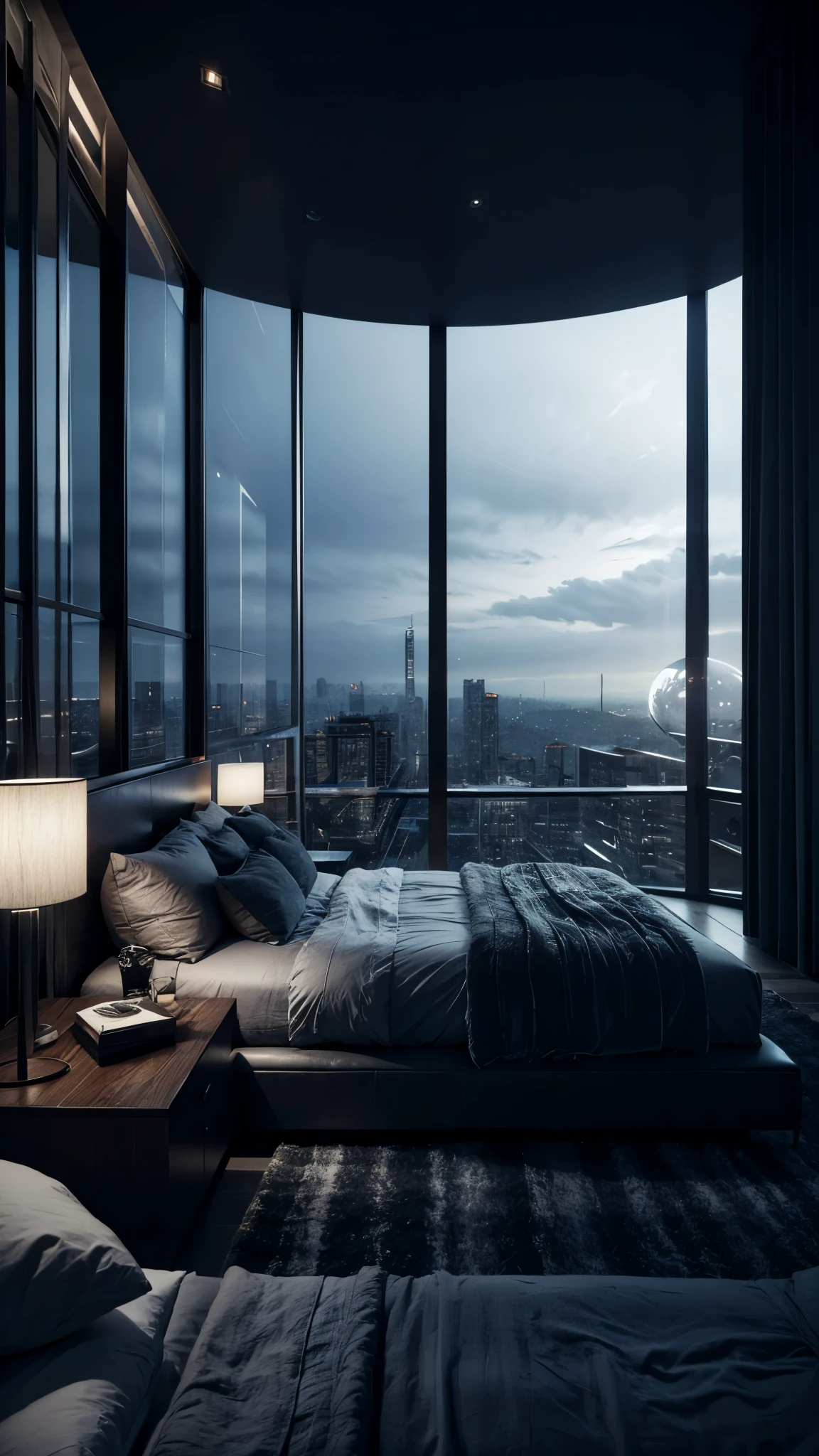 arafed bedroom with a view of a city and a large bed, large windows to forest at night, dark bedroom, atmospheric render, night time render, dramatic ambient lighting, giant glass dome in space, dim bedroom, breathtaking render, ambient lighting from top, humans sleeping in healing pods, enscape render, dramatic rendering, dramatic dreamlike lighting
2
arafed bedroom with a view of a city and a large bed, a digital rendering by Aleksander Gierymski, shutterstock, conceptual art, large windows to forest at night, dark bedroom, atmospheric render, night time render, dramatic ambient lighting, giant glass dome in space, dim bedroom, breathtaking render, ambient lighting from top