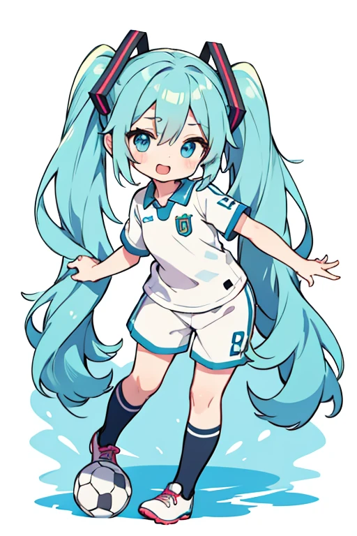 Chibi Miku, full body, soccer uniform, dribbling, white background.