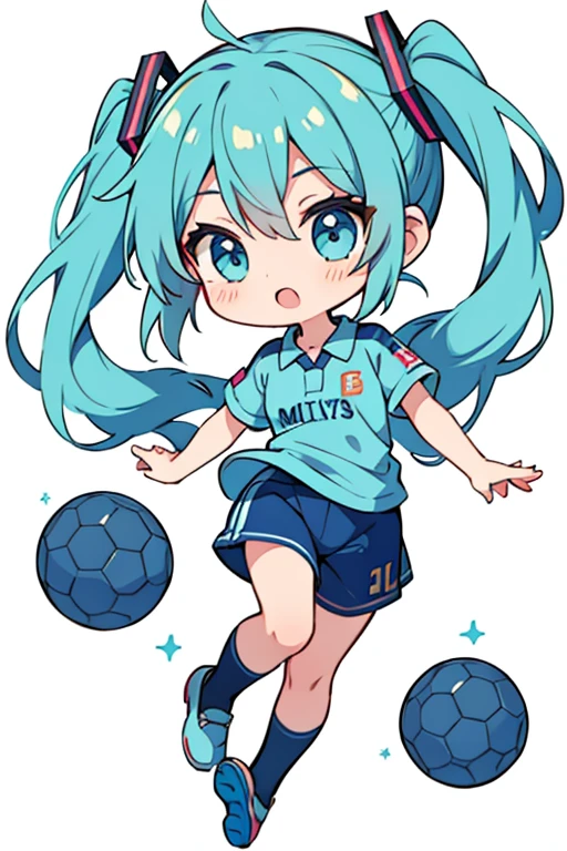 Chibi Miku, full body, soccer uniform, dribbling, white background.