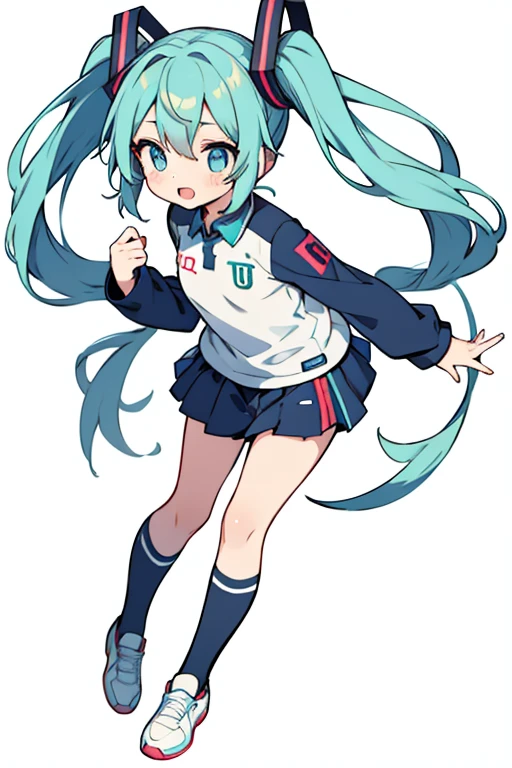 Chibi Miku, full body, soccer uniform, dribbling, white background.