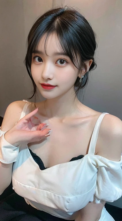 (large round breasts: 1.6), very delicate and beautiful, masterpiece, highest quality, ultra high resolution, 16k, photorealistic, ultra detail, narrow eyes, 1 girl, all white, forehead, black hair , solo, ((very voluptuous glamor)), narrow slit eyes, dark eyes, sparkling eyes, black hair, gloves, dress, luxurious jewelry, earrings, piercing eyes, elbow grooves, hair tied back with hands raised, transparent Demi - cup off-shoulder bra in random colors, transparent short dress in random colors, long eye makeup, narrow eyes, smile, lipstick, complex petal pattern, rim light, backlight, pastel color, studio lighting.