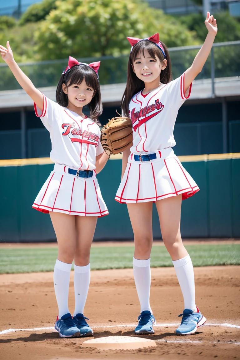 (ultra best quality、8K、masuter piece、delicate illustration、full body Esbian)、Two very cute Japan girls of about 、 body type, (Cheergirl 1.3)、huge smile、Cheergirls cheering with their legs raised high、baseball field