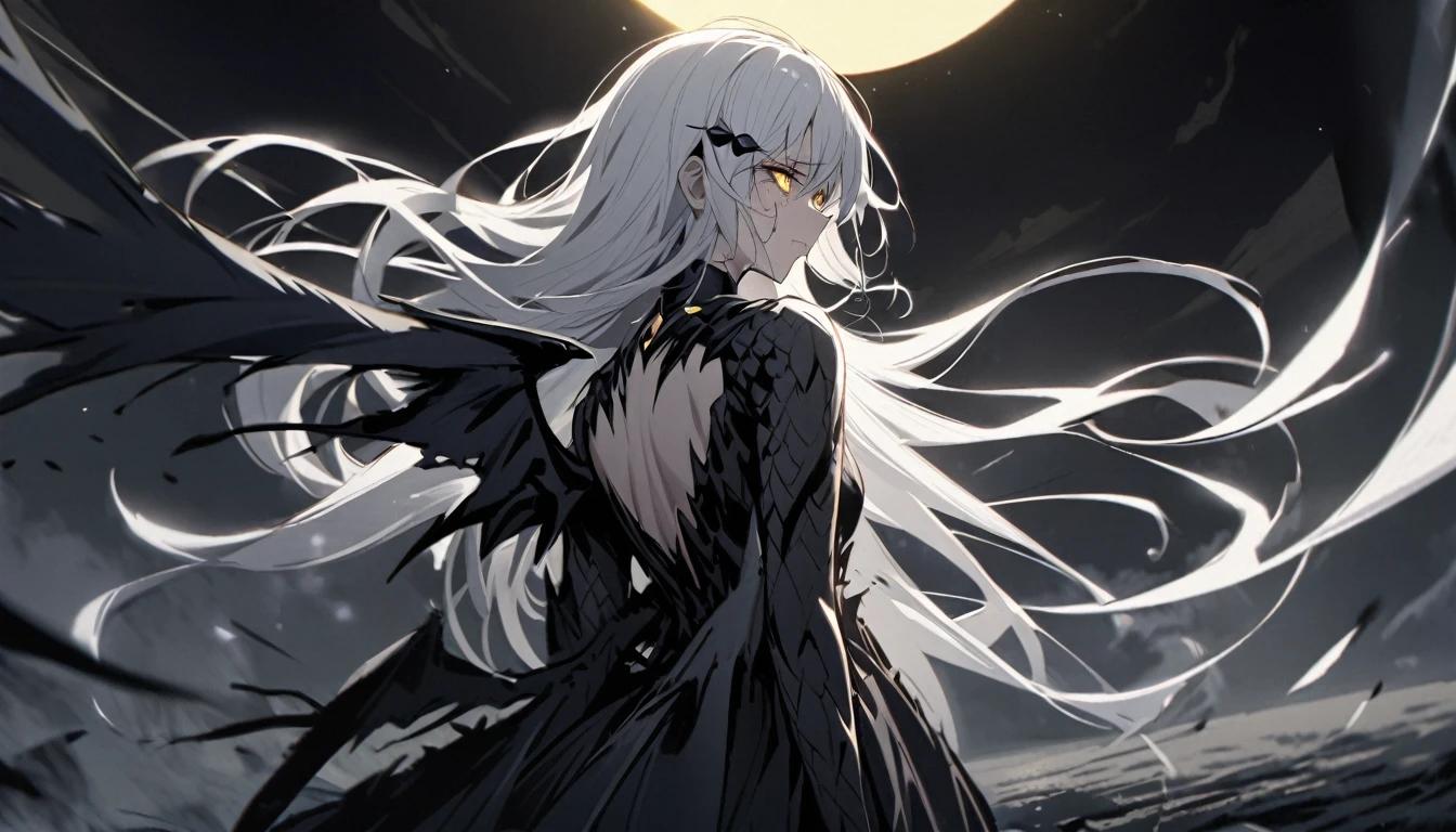 One woman, flowing white hair, melancholy eyes, yellow eyes, black diamond-shaped hairpin, Suffering, ragged black dragon wings sprouting from his back, moonlight,