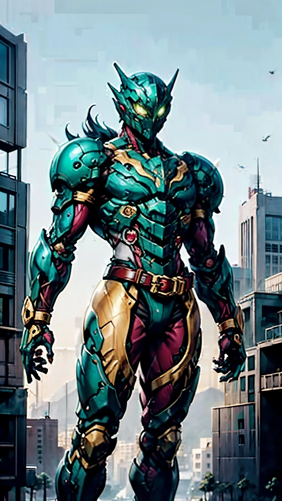 A man wearing a full-face helmet, a fantasy-style biomecha armored combat suit, green eyes, a composite layered chest armor, fully enclosed shoulder guards, matching arm and leg guards, the belt is adorned with dragon claw grasping orbs, (primarily black with red accents), the design balances heavy with agility, a high-tech biological armor, (Wolf concept Armor, stand on the top of a skyscraper in a futuristic sci-fi city), this character embodies a finely crafted fantasy-surreal style armored hero in anime style, exquisite and mature manga art style, (element, plasma, energy, the armor glows), ((male:1.5)), metallic, real texture material, dramatic, high definition, best quality, highres, ultra-detailed, ultra-fine painting, extremely delicate, professional, perfect body proportions, golden ratio, anatomically correct, symmetrical face, extremely detailed eyes and face, high quality eyes, creativity, RAW photo, UHD, 32k, Natural light, cinematic lighting, masterpiece-anatomy-perfect, masterpiece:1.5