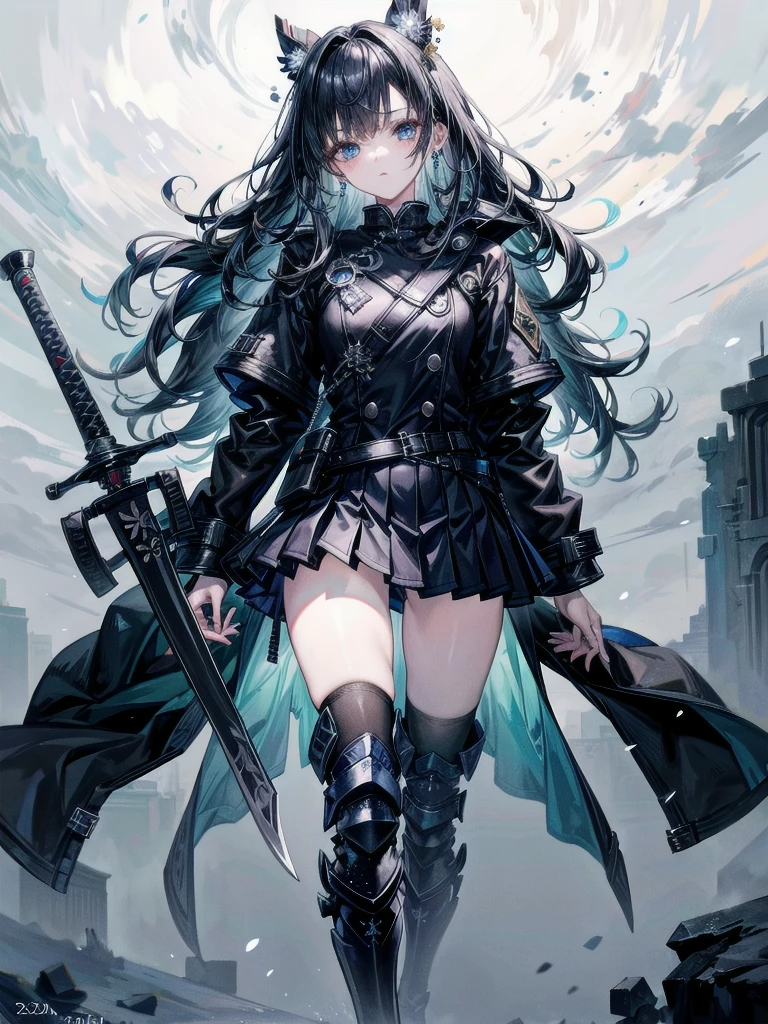 whole body, long blue great sword, Ruins, tech boots, black jacket, samurai, school_uniform, absurdres, extremely delicate and beautiful, masterpiece, Best Quality, ultra high resolution, 32k, ultra-detailed description, tearful mole, earring, short medium wavy hair,