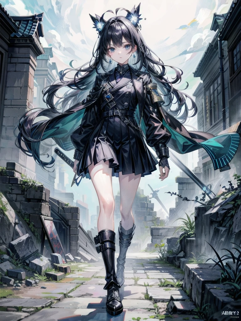 whole body, long blue great sword, Ruins, tech boots, black jacket, samurai, school_uniform, absurdres, extremely delicate and beautiful, masterpiece, Best Quality, ultra high resolution, 32k, ultra-detailed description, tearful mole, earring, short medium wavy hair,