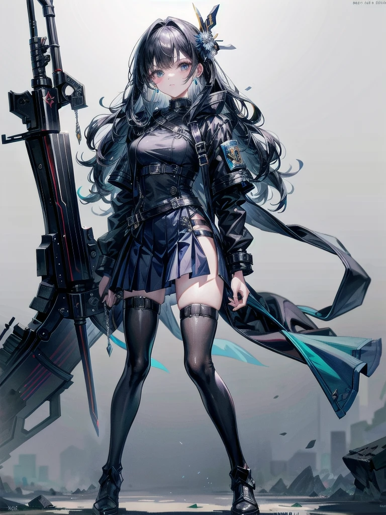 whole body, long blue great sword, Ruins, tech boots, black jacket, samurai, school_uniform, absurdres, extremely delicate and beautiful, masterpiece, Best Quality, ultra high resolution, 32k, ultra-detailed description, tearful mole, earring, short medium wavy hair,