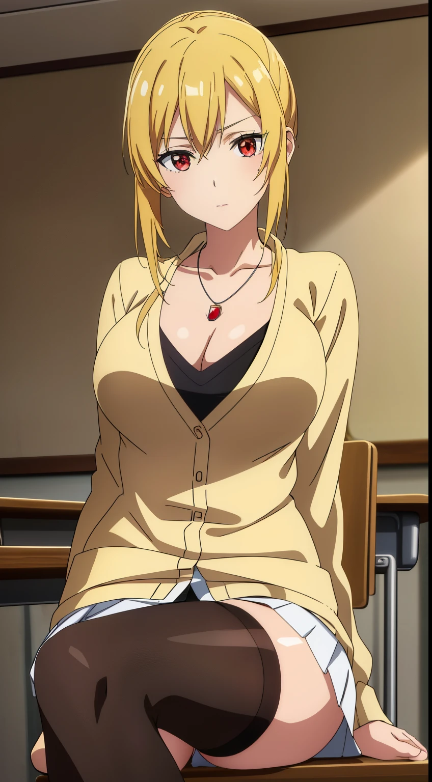 best quality, high resolution, 8K, anime art style, beautiful detailed eyes, extremely detailed face, soft expression, stylish pose, Angelica V4,1girl,solo,red eyes, (collared shirt, white shirt, necklace, jewelry, black sweater, cardigan, miniskirt, panties,classroom, cowboy shot), looking at the audience, in the center of the image, beautiful large medium-sized breasts, beautiful face, slim waist, appealing, soft lighting,Crossing your legs, Sitting,tights