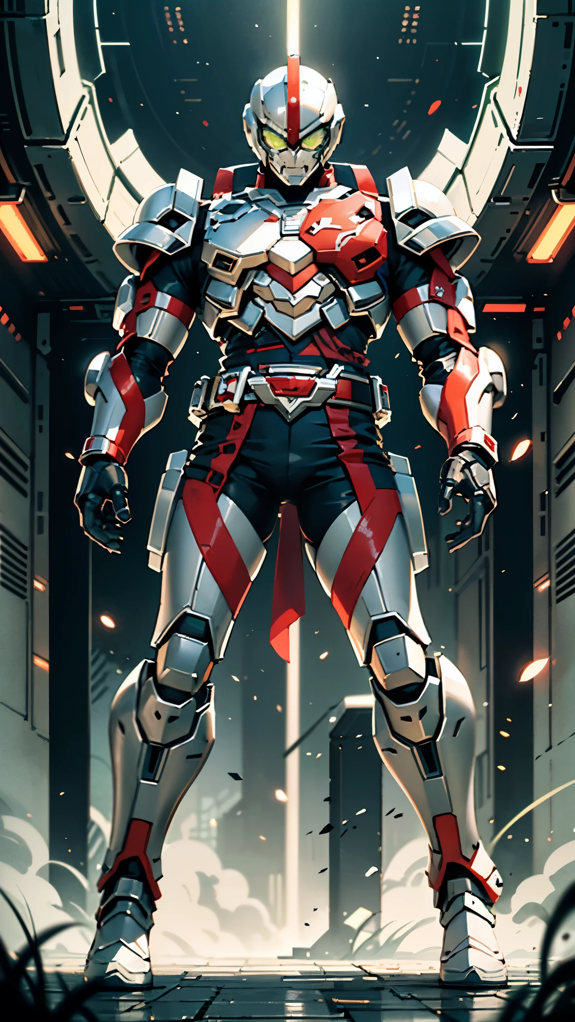 A man wearing a full-face helmet, a fantasy-style biomecha armored combat suit, green eyes, a composite layered chest armor, fully enclosed shoulder guards, matching arm and leg guards, the belt is adorned with dragon claw grasping orbs, (primarily black with red accents), the design balances heavy with agility, a high-tech biological armor, (Wolf concept Armor, stand on the top of a skyscraper in a futuristic sci-fi city), this character embodies a finely crafted fantasy-surreal style armored hero in anime style, exquisite and mature manga art style, (element, plasma, energy, the armor glows), ((male:1.5)), metallic, real texture material, dramatic, high definition, best quality, highres, ultra-detailed, ultra-fine painting, extremely delicate, professional, perfect body proportions, golden ratio, anatomically correct, symmetrical face, extremely detailed eyes and face, high quality eyes, creativity, RAW photo, UHD, 32k, Natural light, cinematic lighting, masterpiece-anatomy-perfect, masterpiece:1.5