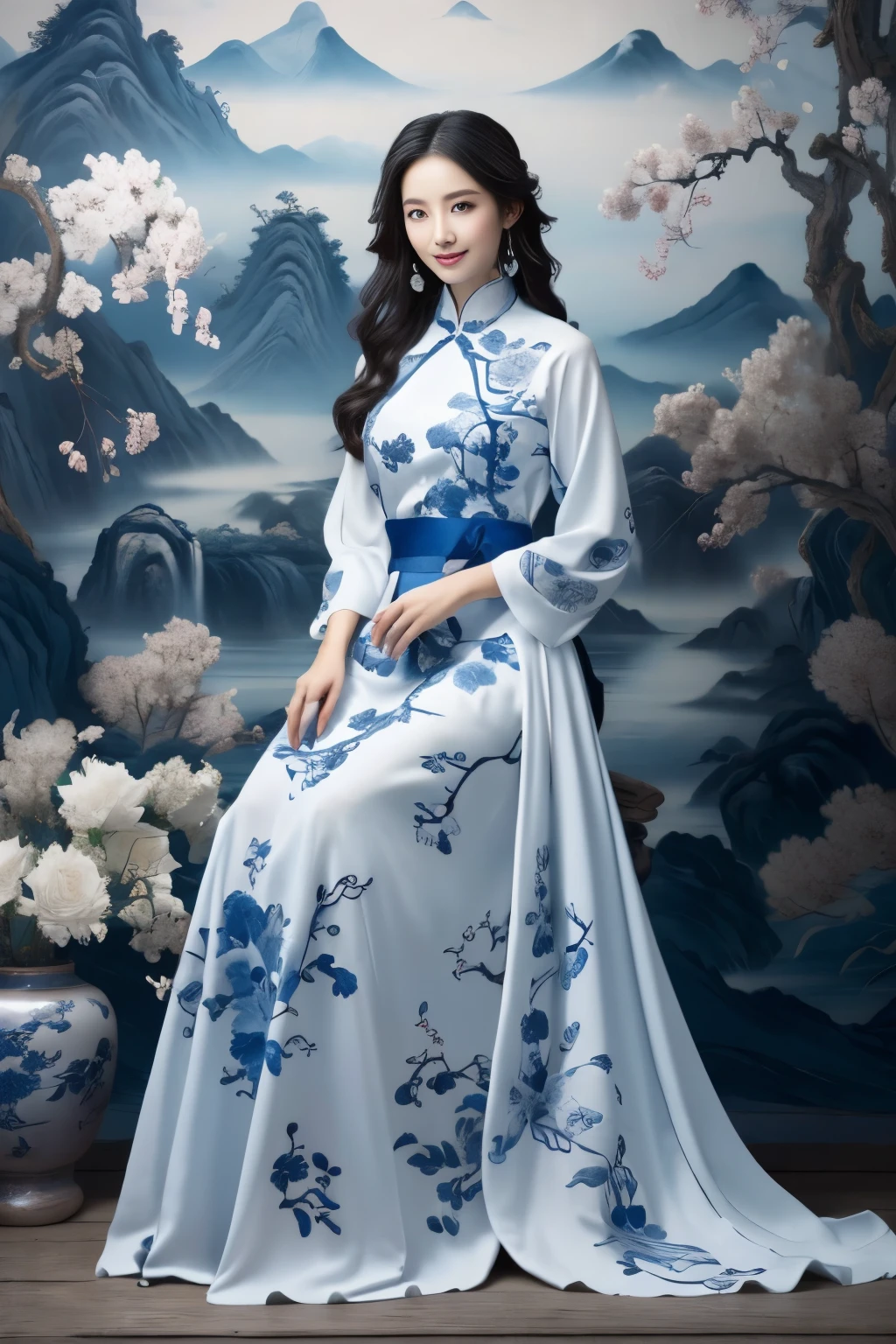 Best quality,masterpiece,best quality,photo realism,official art,(full body photo:1.5),A girl sitting amidst a bouquet of flowers,smiling with rosy cheeks,adorned with elegant long black hair,dressed in a blue floral print dress themed in shades of cyan and white,reminiscent of blue-and-white porcelain patterns. Surrounded by blooming lilies,set against a backdrop evocative of clouds and sky from traditional Chinese landscape paintings,in the style of photorealistic art,intricate detail,sharp focus,vibrant colors,high-definition imagery,capturing the essence of tranquility and elegance,high-definition,shooting on Fuji xt-5,8k,high detail,epic film,soft natural light,