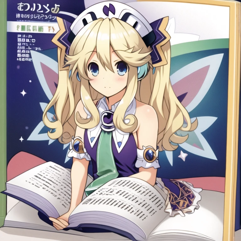 (extremely detailed:1.1),(highly detailed:1.1),(best quality:1.1),(masterpiece:1.1),  HistoireNeptunia, long hair, blue eyes, blonde hair, hair ornament, wings, fairy wings, bare shoulders, twintails,  book, white thighhighs, hat, necktie, book, bare chest, breasts, nipples