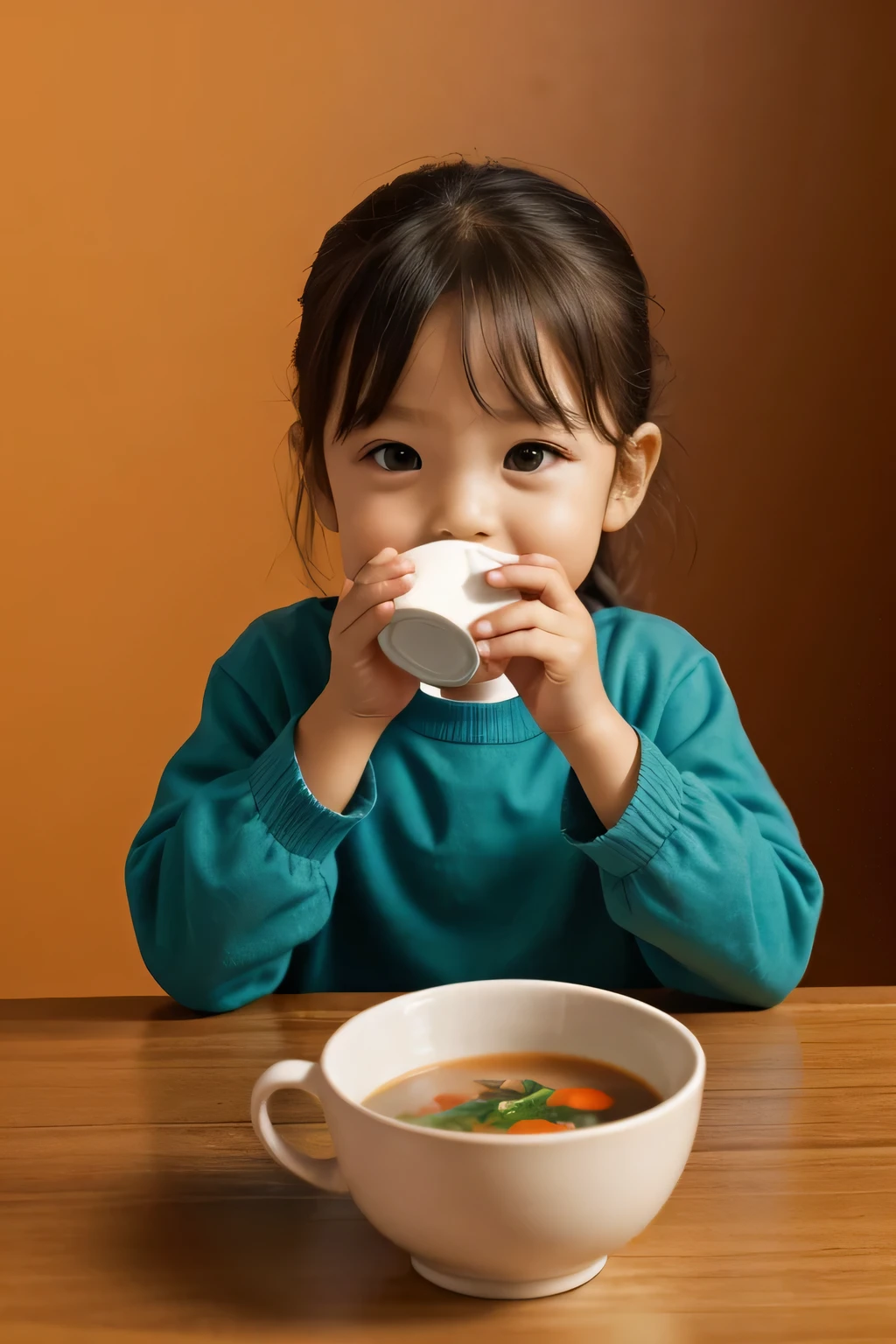 Warm solid color background,Front view of child sitting at table and drinking soup