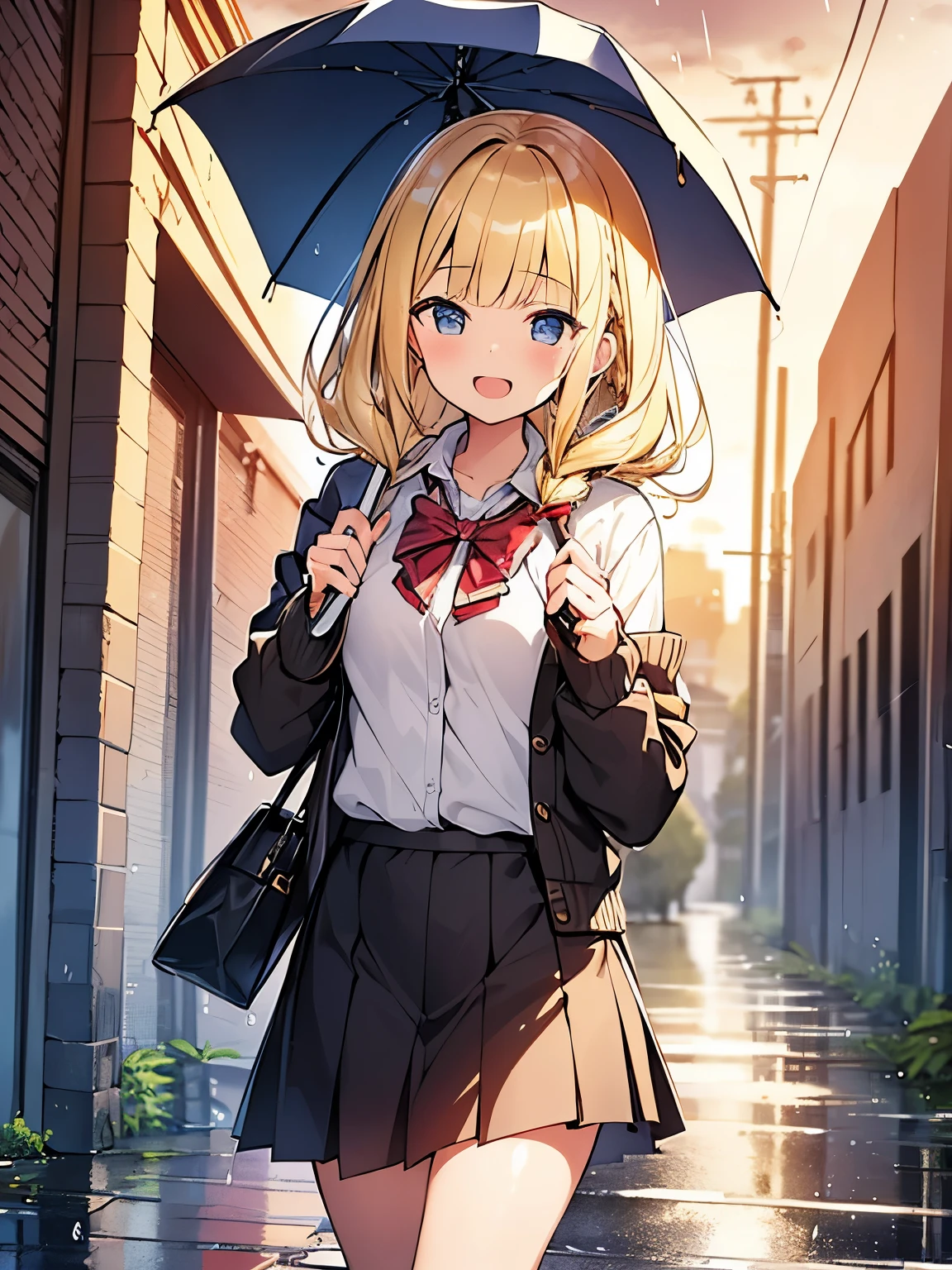 Masterpiece, Top quality, (1 beautiful girl), junior high school student, Blonde, Braided hair, Medium Hair, wavy Hair, blunt bangs, standard weight, cardigan, blouse, pleated skirt, laugh with an open mouth, walking, holding an umbrella in hand, after the rain, sunset, beautiful scene of alley, puddle, cowboy shot, from below