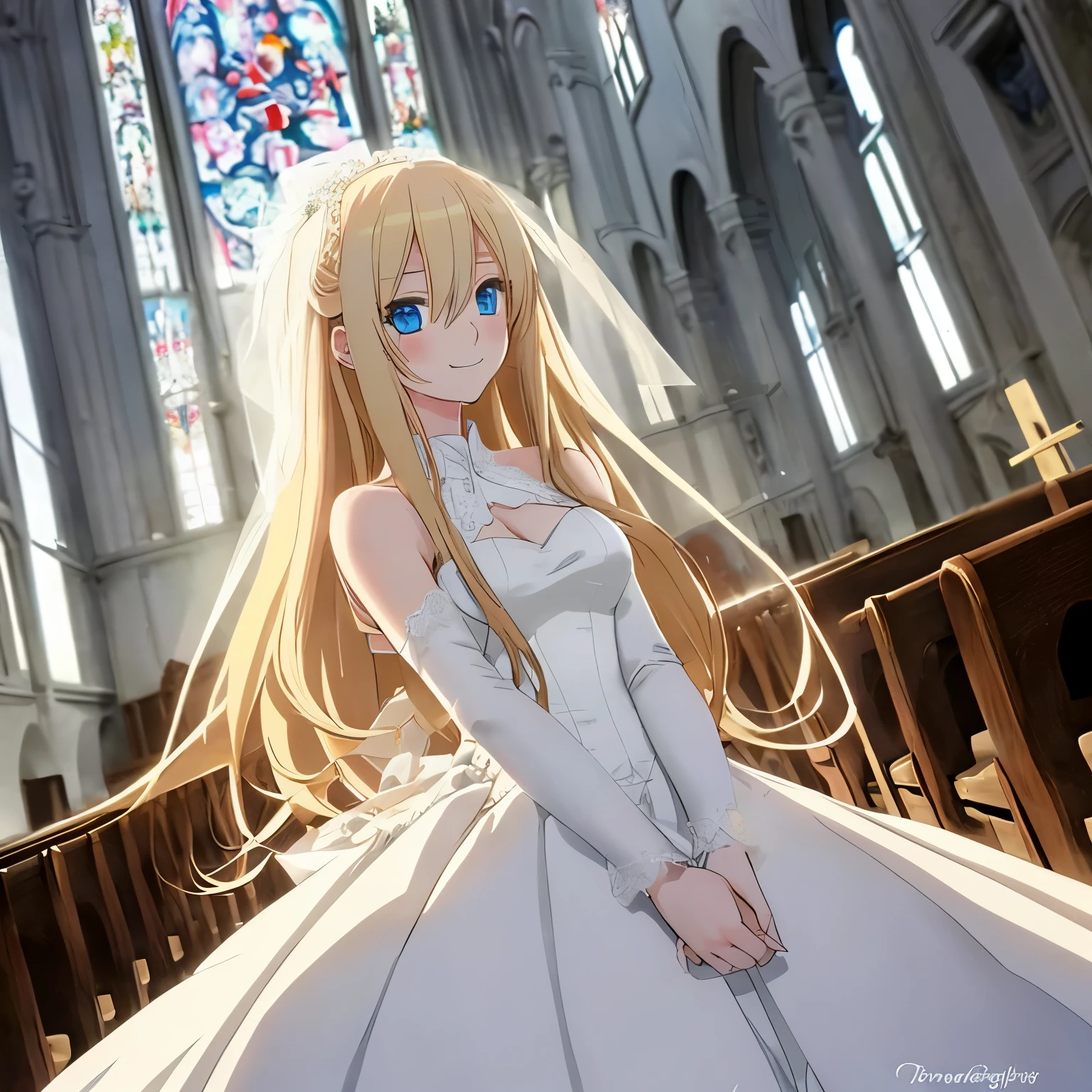 Anime girl with long blonde hair and  blue eyes in a white wedding dress. She happy. In a beautiful church setting.