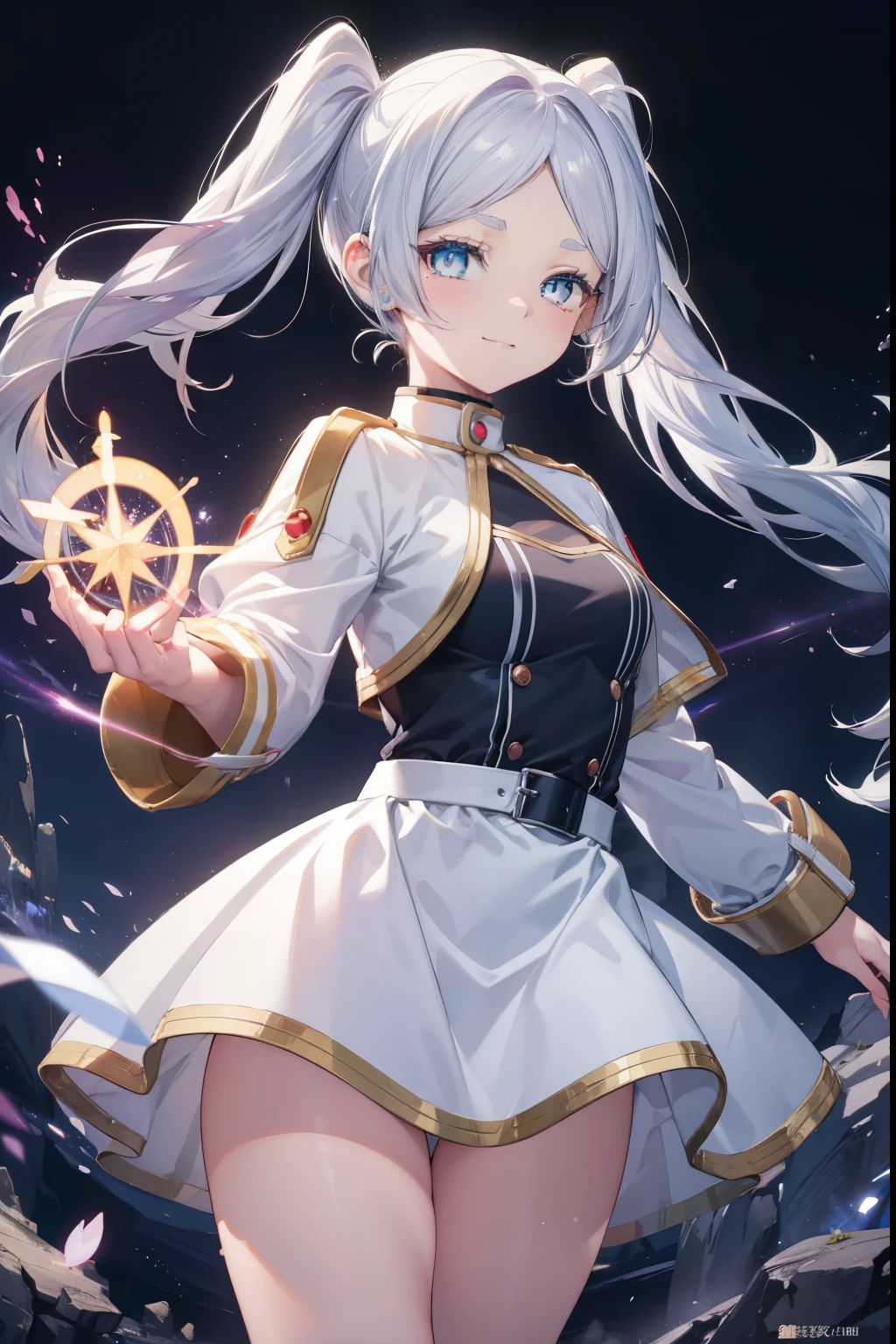 Frielen、Silver Hair、Twin tails、blush,smile,Captivating thighs、Combat Uniform、Grab your magic wand and make a spell、Shoots a magic beam、Have a magic wand
（masterpiece:1.2), highest quality, High resolution, unity 8k wallpaper, (shape:0.8), (Beautiful and beautiful eyes:1.6), Highly detailed face, Perfect lighting, Highly detailed CG, (Perfect hands, Perfect Anatomy),