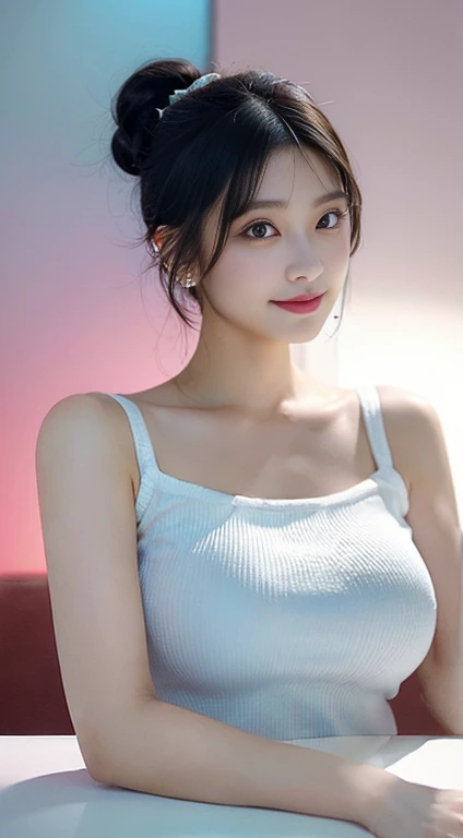(Big round breasts: 1.6), (half body), very delicate and beautiful, masterpiece, highest quality, ultra-high resolution, 16k, realistic, ultra-detailed, narrow eyes, 1 girl, all white, forehead, black hair, solo, (( Very voluptuous glamor )), narrow slit eyes, dark eyes, sparkling eyes, black hair, gloves, dress, luxurious jewelry, earrings, piercing eyes, elbow grooves, hair tied back with hands raised, transparent demi-cup off in random colors Shoulder bra, transparent short dress in random colors, long eye makeup, narrow eyes, smile, lipstick, complex petal pattern, rim light, backlight, pastel colors, studio lighting.