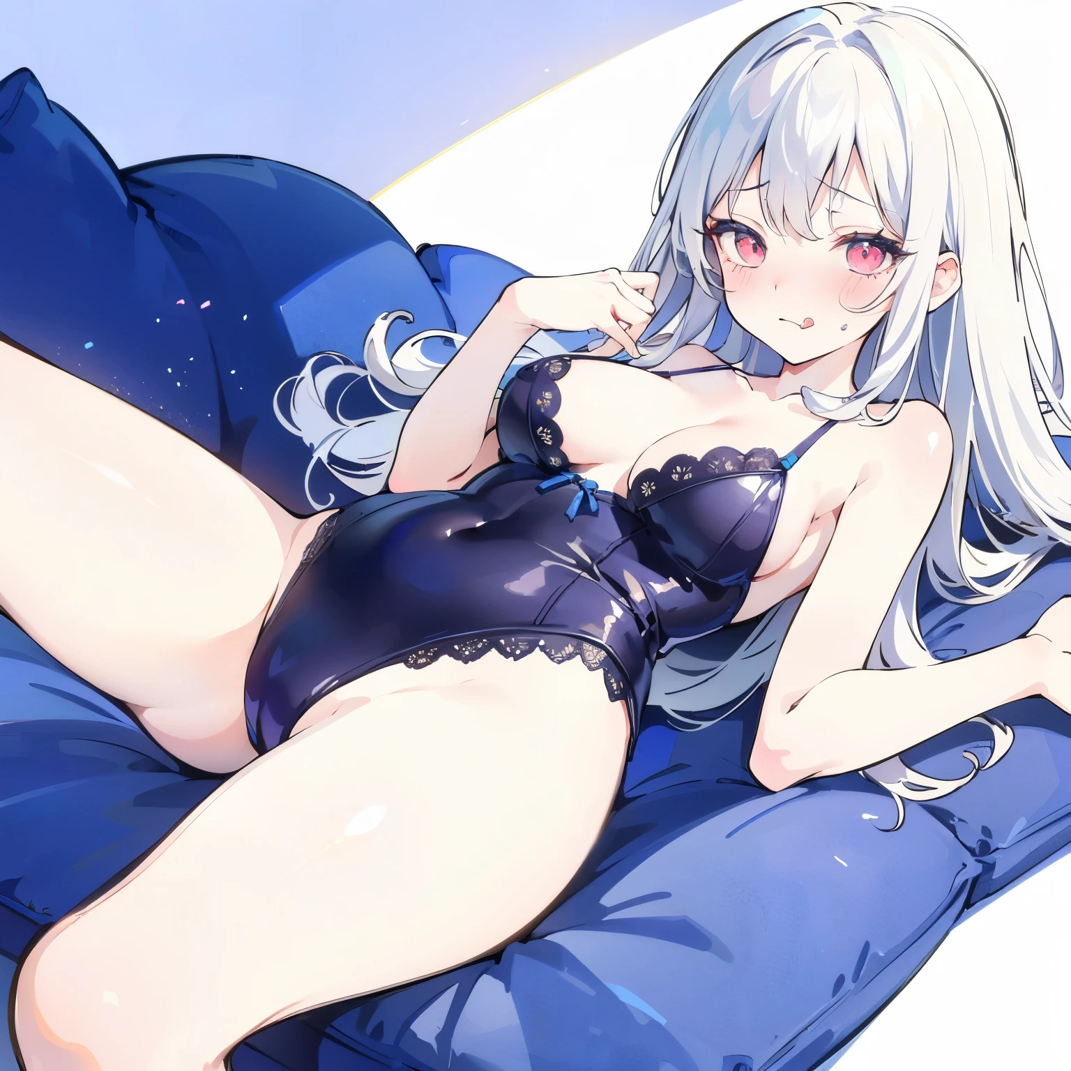 ((best quality, masterpiece, Ultra-high resolution, Super detailed, Reality)), Solitary , White hair,Simple background,Stick out your tongue,blush,Bullied girl,Charming expression,Wearing sexy lingerie,The posture is lying on the ground