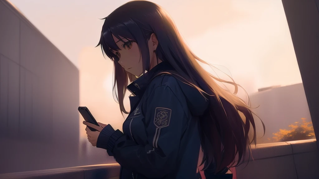 anime girl with long hair and a black jacket looking at her phone, In the style of Makoto Shinkai, anime style. 8k, Makoto Shinkai style, makoto shinkai. Digital Rendering, Makoto Shinkai's art style, anime. Soft lighting, ( ( makoto shinkai ) ), 京都animeーション 静止画, makoto shinkai. Octane Rendering