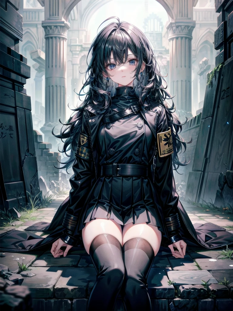 whole body, long blue great sword, Ruins, tech boots, black jacket, samurai, school_uniform, absurdres, extremely delicate and beautiful, masterpiece, Best Quality, ultra high resolution, 32k, ultra-detailed description, tearful mole, earring, short medium wavy hair,