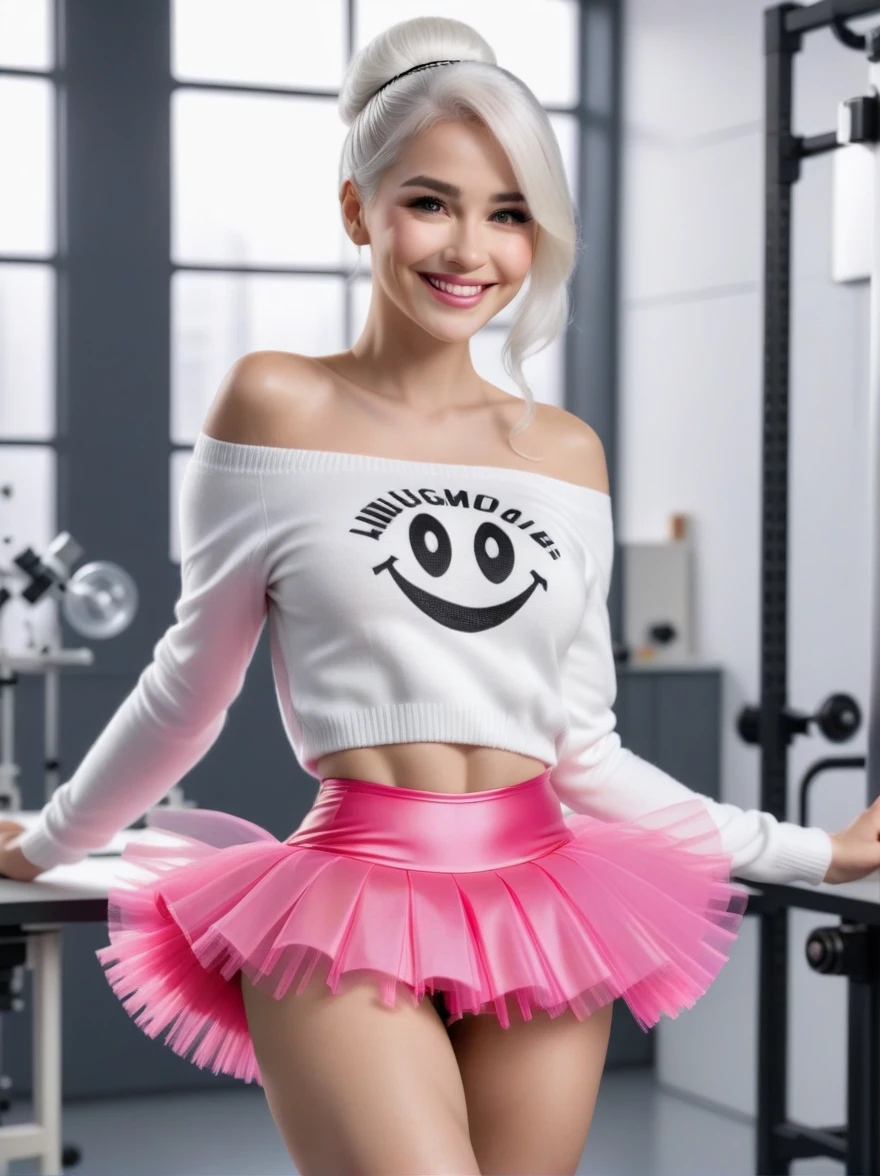 breathtaking beautiful woman wearing a highlighter pink (tutu skirt), coy smile, looking at viewer,
(white hair Fringe),
off-the-shoulder sweater,
tilt shot,
(science laboratory),
lifting one leg in a playful manner,
anxious, . award-winning, professional, highly detailed