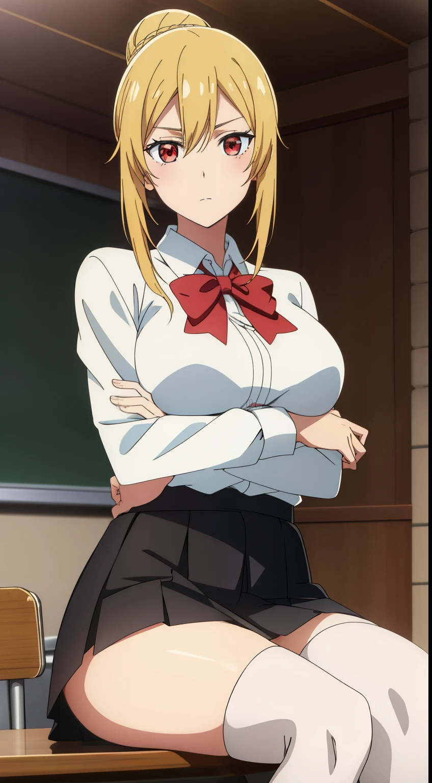 best quality, high resolution, 8K, anime art style, beautiful detailed eyes, extremely detailed face, soft expression, stylish pose, Angelica V4,1girl,solo,red eyes, (collared shirt, white shirt, miniskirt, panties,classroom, cowboy shot), looking at the audience, in the center of the image, beautiful large medium-sized breasts, beautiful face, slim waist, appealing, soft lighting,Crossing your legs, Sitting,tights