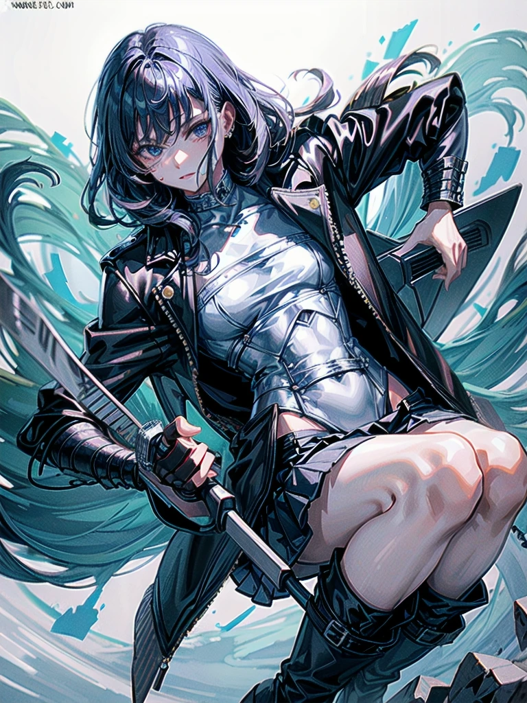 whole body, long blue great sword, Ruins, tech boots, black jacket, samurai, school_uniform, absurdres, extremely delicate and beautiful, masterpiece, Best Quality, ultra high resolution, 32k, ultra-detailed description, tearful mole, earring, short medium wavy hair,