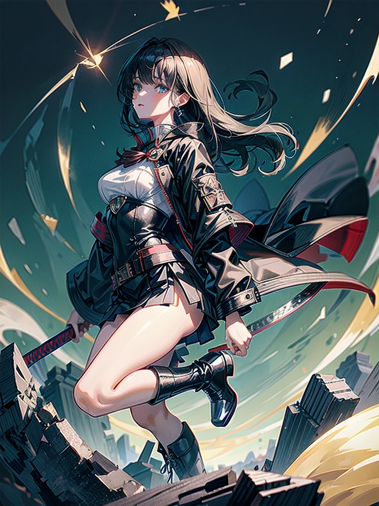 whole body, long blue great sword, Ruins, tech boots, black jacket, samurai, school_uniform, absurdres, extremely delicate and beautiful, masterpiece, Best Quality, ultra high resolution, 32k, ultra-detailed description, tearful mole, earring, short medium wavy hair,