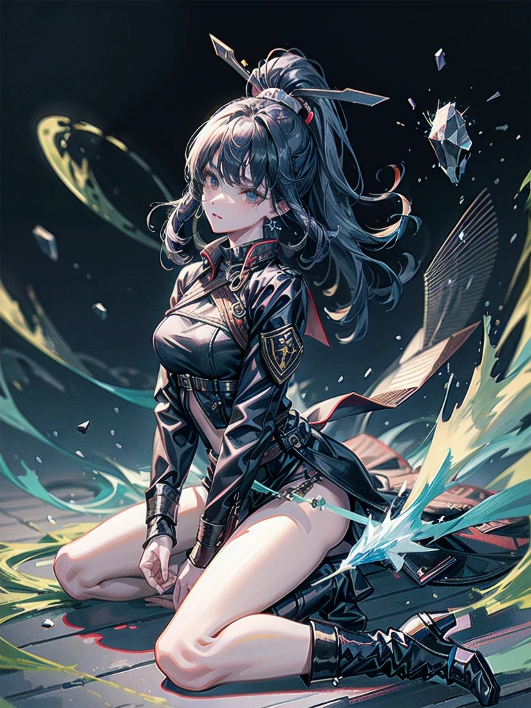 whole body, long blue great sword, Ruins, tech boots, black jacket, samurai, school_uniform, absurdres, extremely delicate and beautiful, masterpiece, Best Quality, ultra high resolution, 32k, ultra-detailed description, tearful mole, earring, short medium wavy hair,