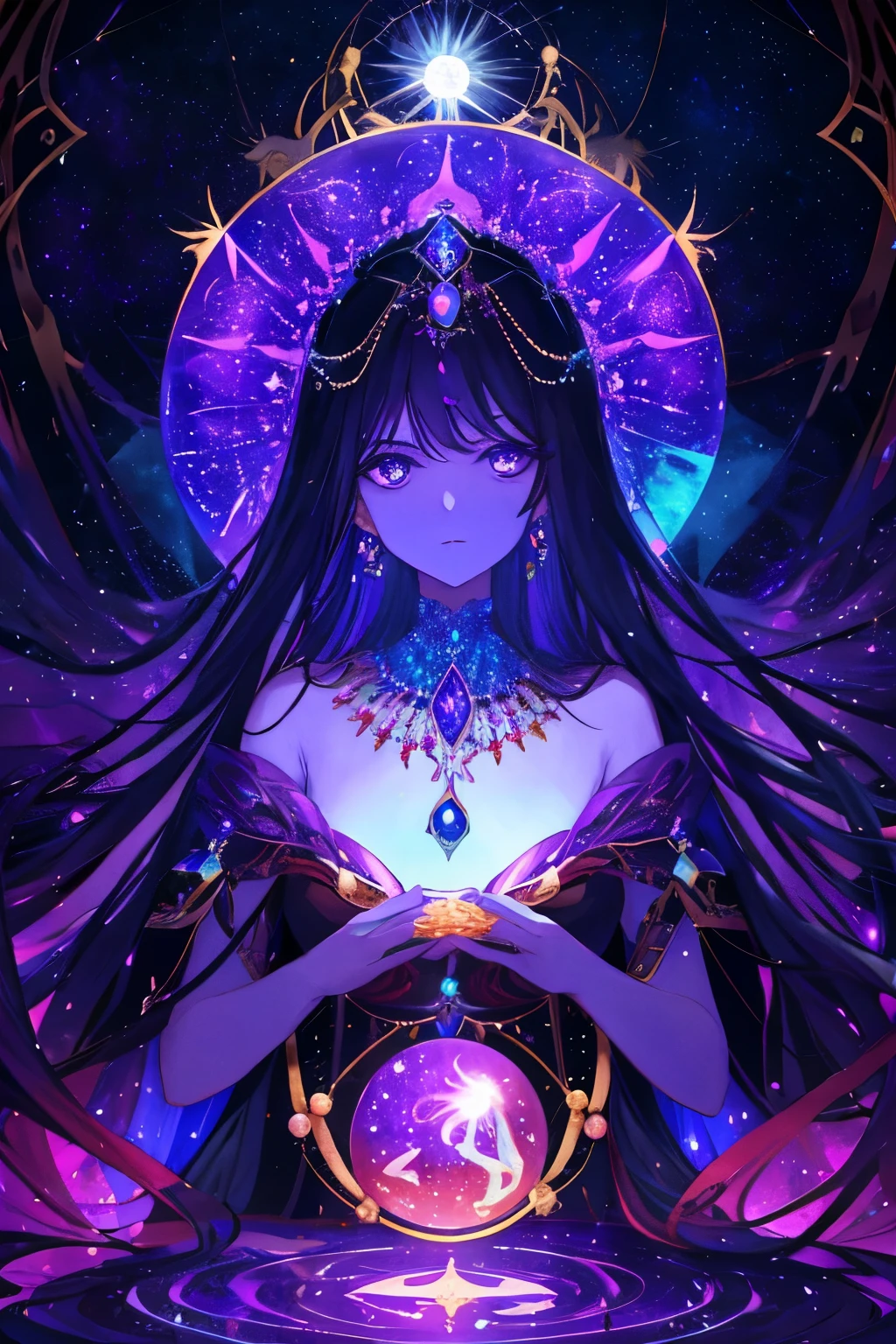 Astrologers with tranquil demeanors and distinctive purple eyes engaged in the mystical art of gazing into crystal balls, their focused expressions illuminated by the soft glow of stars in the dark night sky. The background scene was a breathtaking tableau of various constellations and the infinite expanse of the cosmos. Each astrologer was depicted in finest detail, their flowing robes and intricate headdresses adding to the otherworldly ambiance of the image. The crystal balls they held sparkled with an inner light, reflecting the stars and adding to the sense of wonder and mystery. This masterpiece, of the highest quality, transported viewers to a realm of enchantment and deep contempl