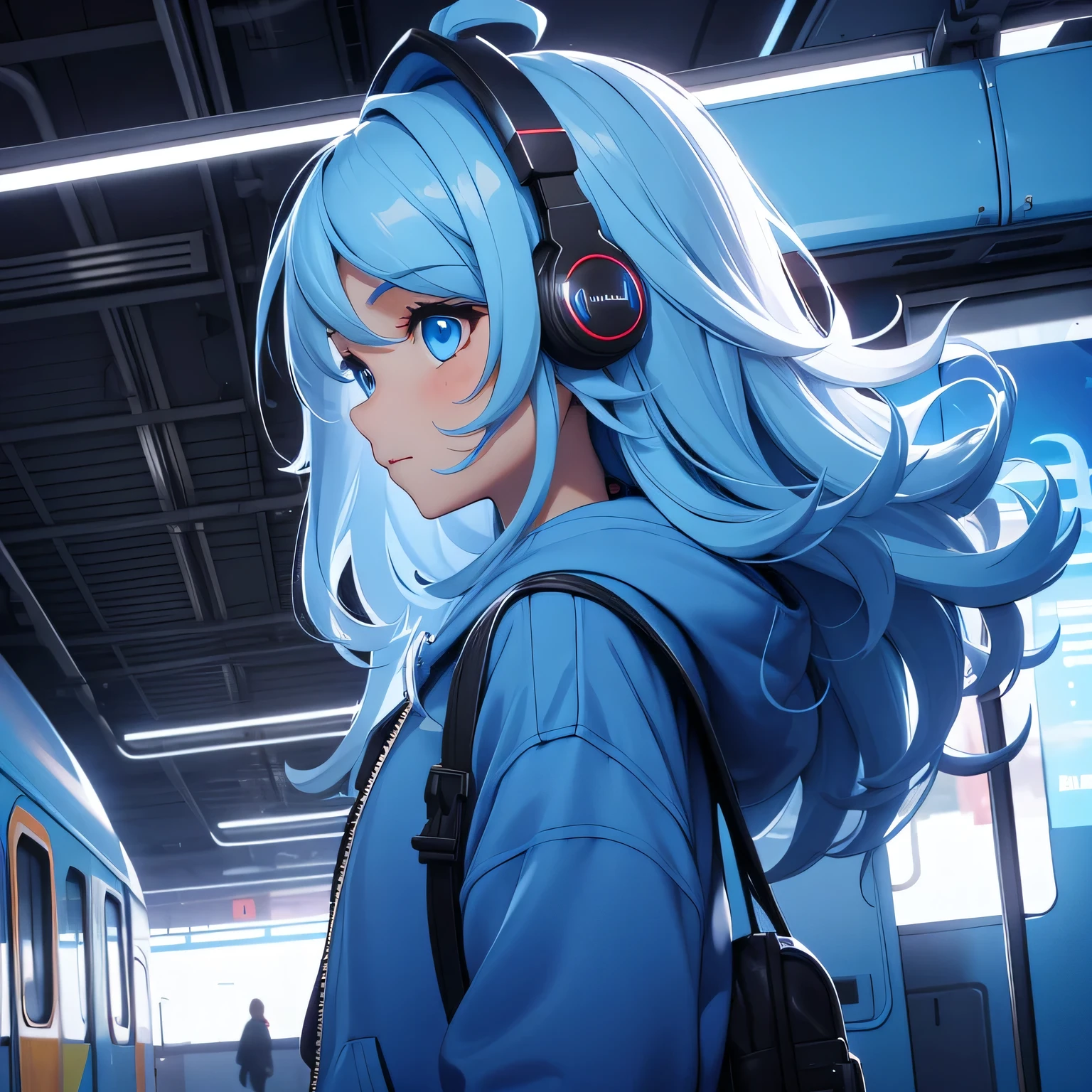 A girl, sky hair, long hair, feminime, soft smile, sky blue hoodie jacket, glowing blue eyes, train background, wearing headphone, side view
