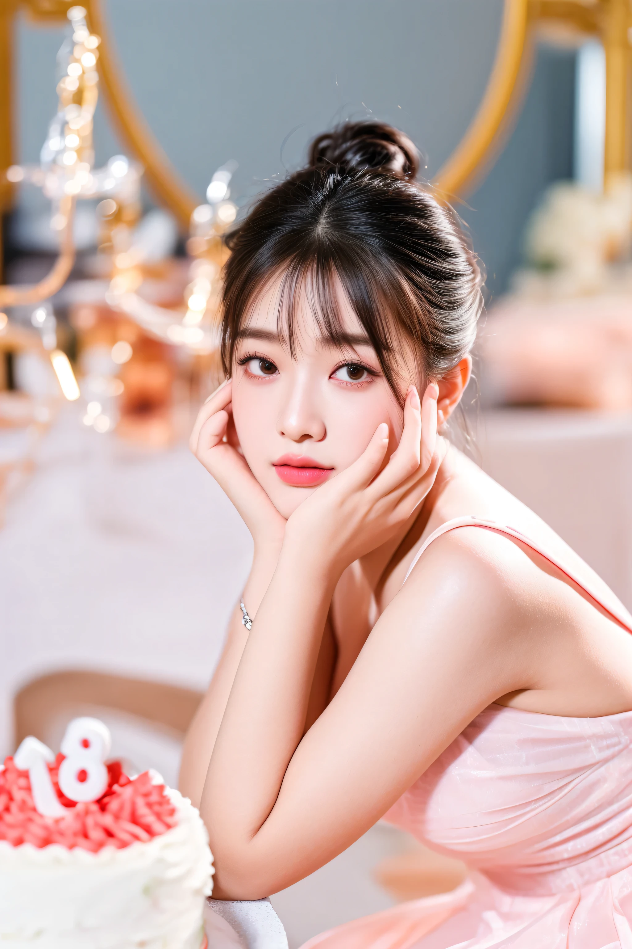 araffe woman in a pink dress leaning on a table with a cake, jia, sha xi, iu, jinyoung shin, captured on canon eos r 6, no watermark, xintong chen, gongbi, xision wu, ruan jia beautiful!, ruan cute vtuber, cute elegant pose, portrait of female korean idol, jaeyeon nam
