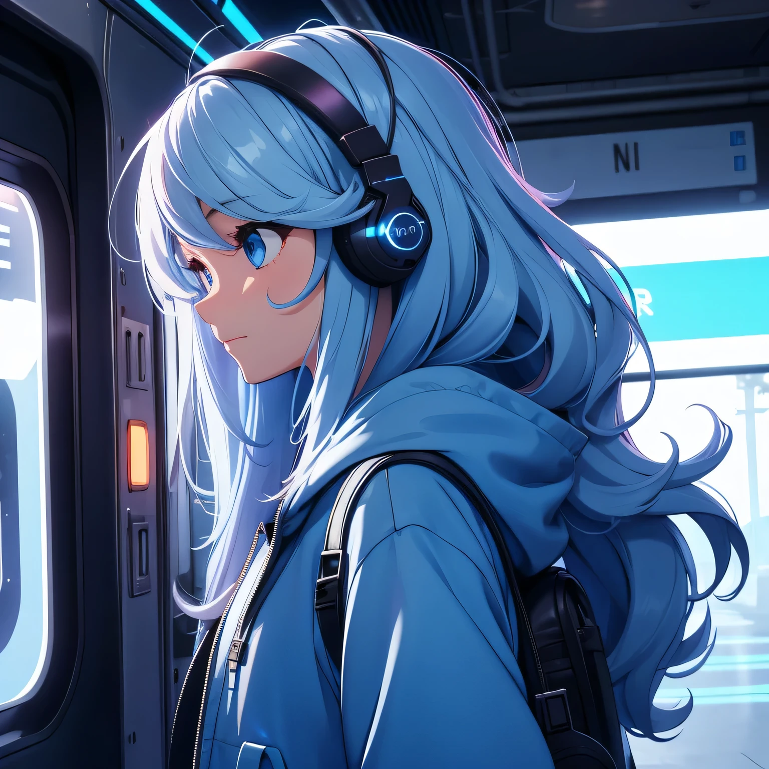 A girl, sky hair, long hair, feminime, soft smile, sky blue hoodie jacket, glowing blue eyes, train background, wearing headphone, side view