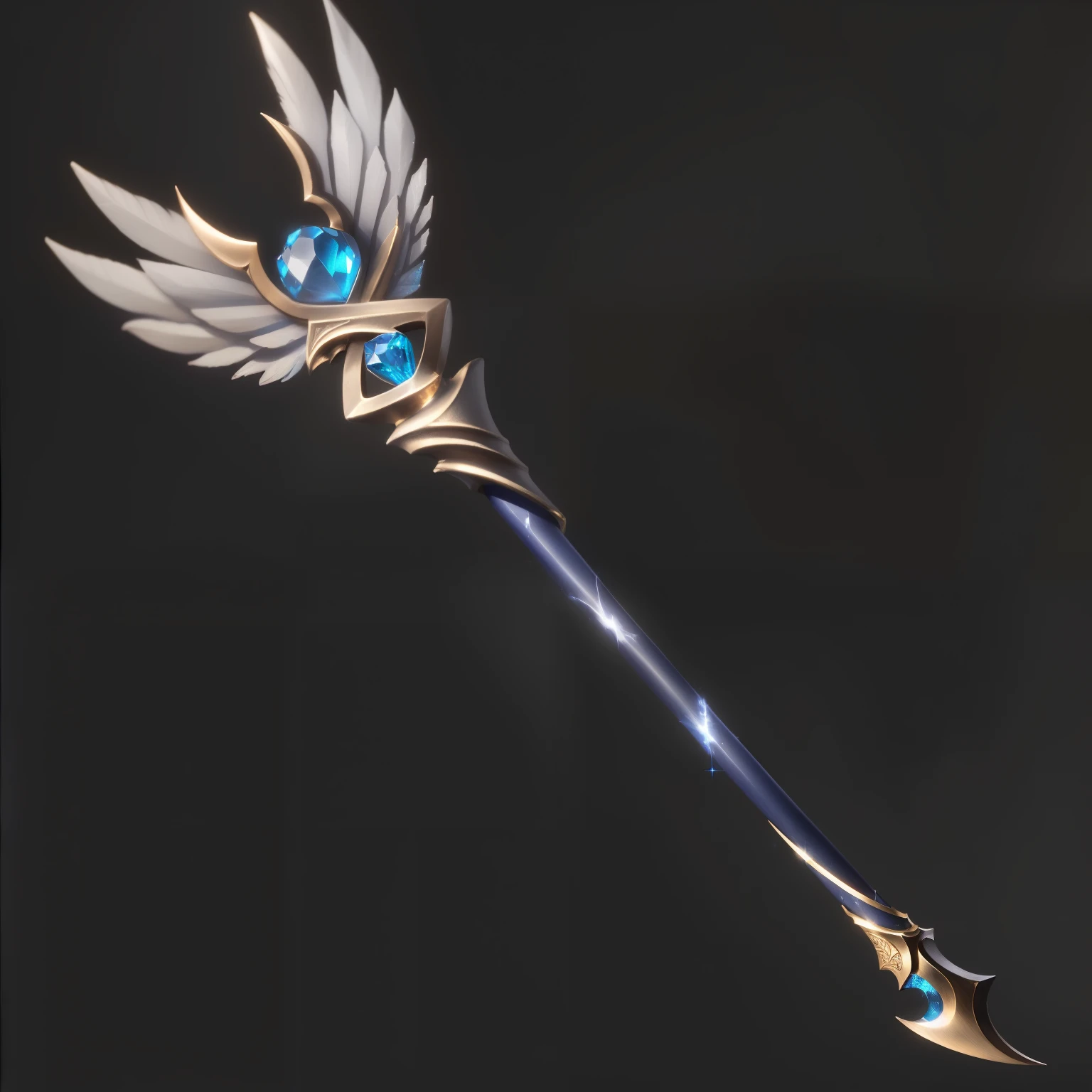 (best quality,highres,ultra-detailed,realistic),medieval wand,ornate magic wand,metallic wand,gold foil texture,richly carved details,enchanting glow,lustrous gemstone,velvet-wrapped handle,intricate patterns,celestial motifs,ancient inscription,imposing length and weight,silver accents,royal blue color scheme,subtle sparks and glitter,floating dust particles,spellbinding energy