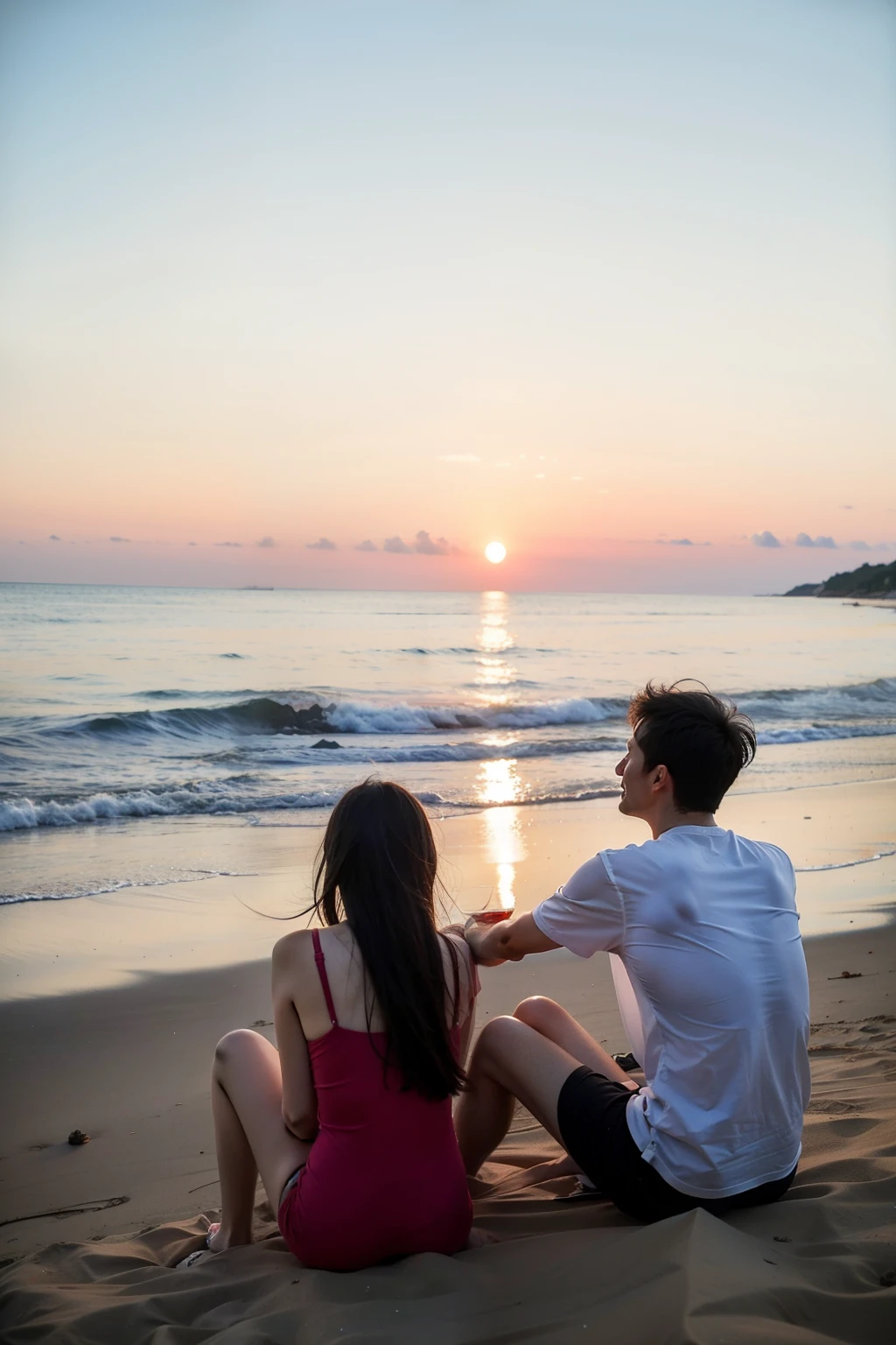 Two people are drinking at the beach, The sun has almost completely set,It was getting dark